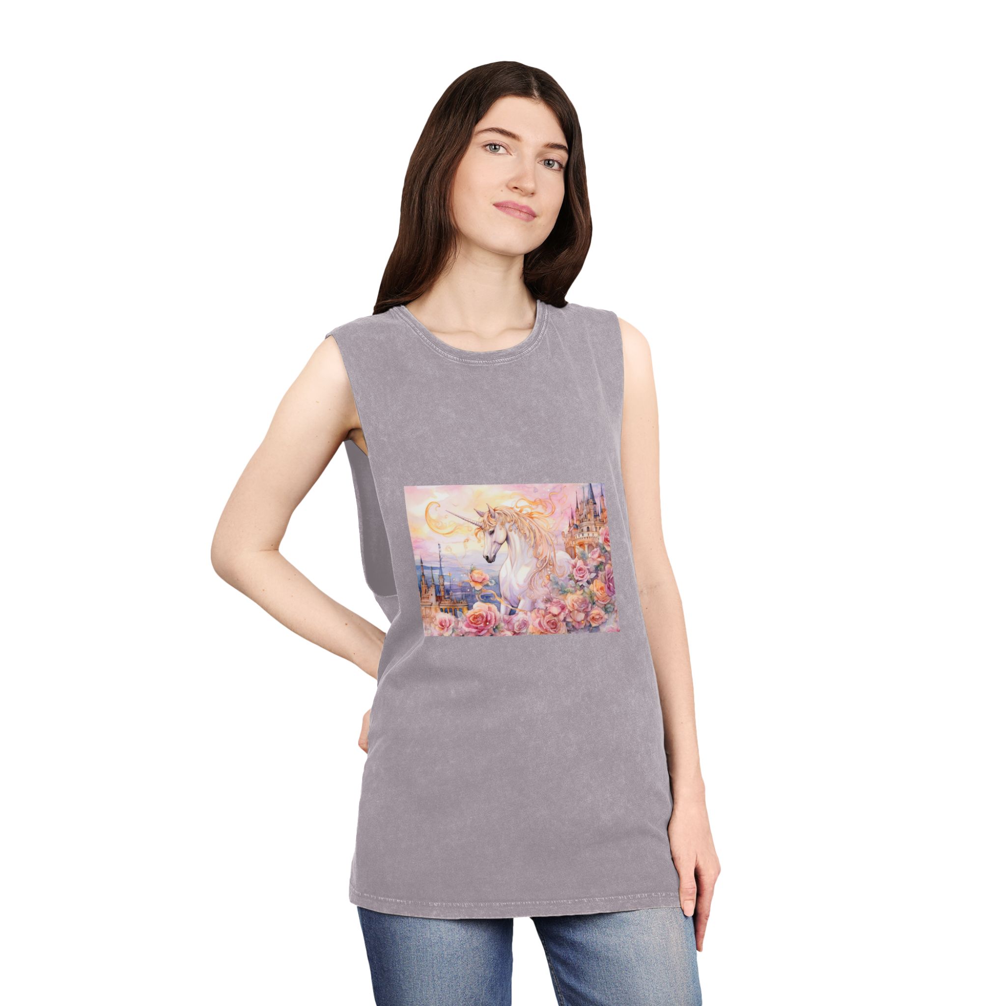 Painting Unicorn Castle With Roses Castle Background Generative Ai Unisex Stonewash Tank Top - Image 20