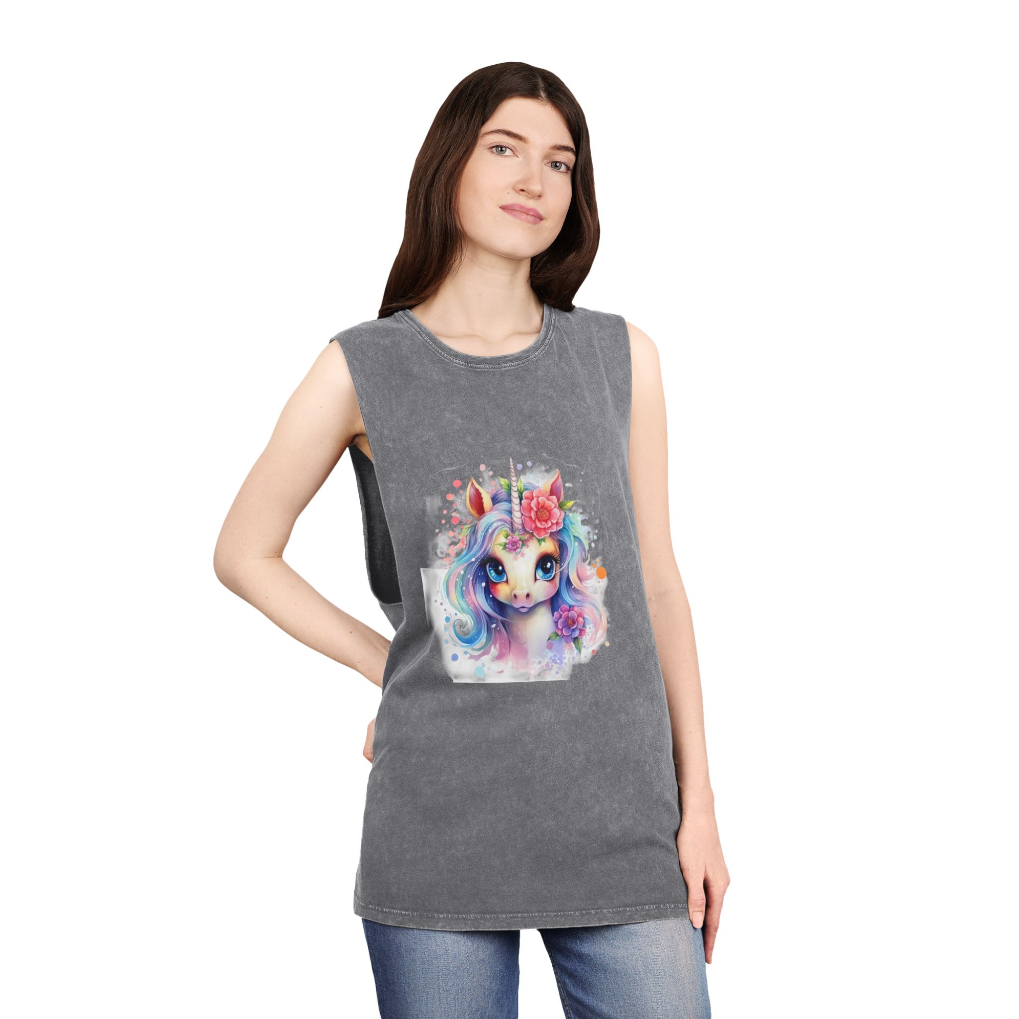 Cute Colorful Magic Unicorn With Flowers Watercolor Style (8) Copia Unisex Stonewash Tank Top - Image 12