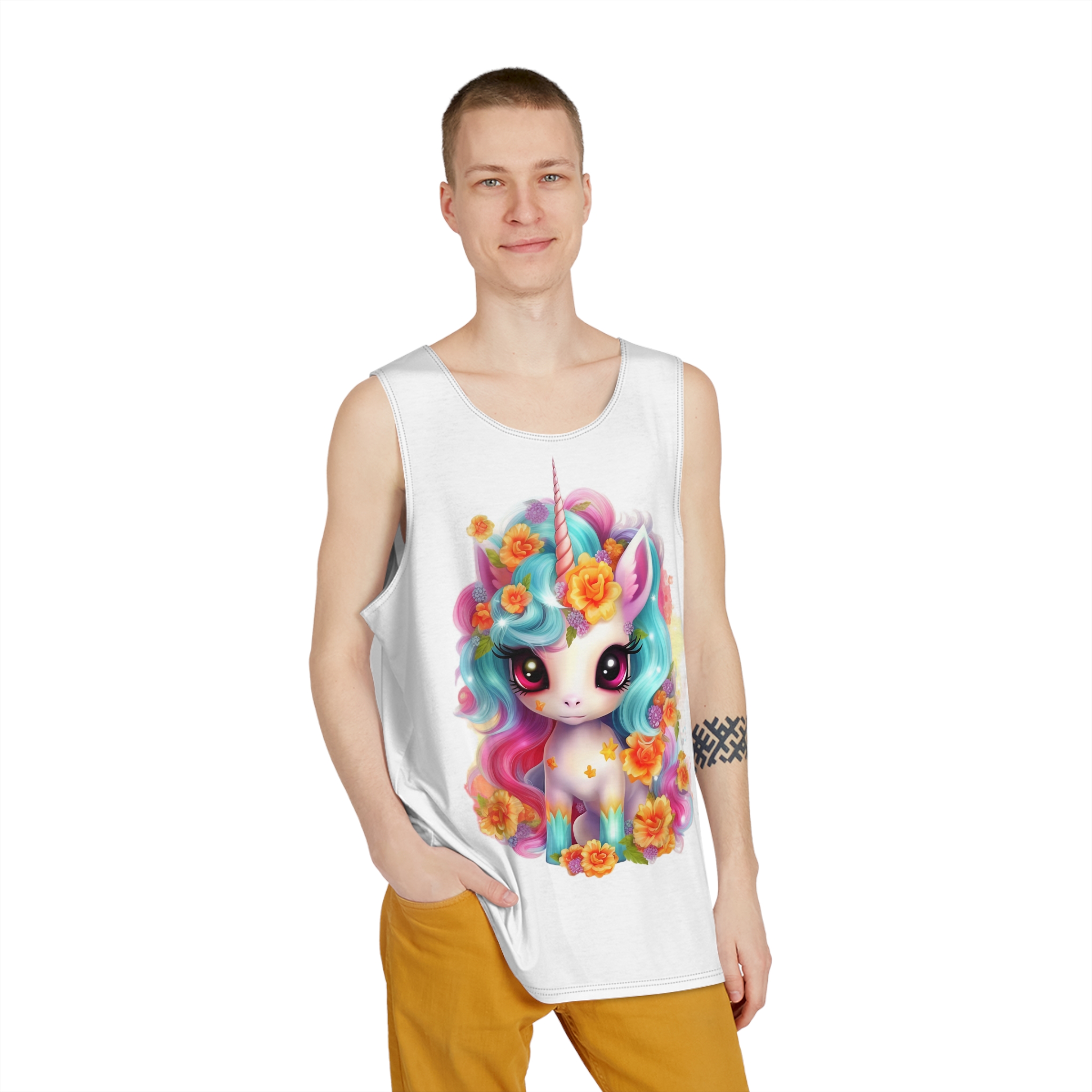 Illustration Unicorn Cartoon With Flower White Background Generative Ai (2) Mens Tank Aop - Image 3