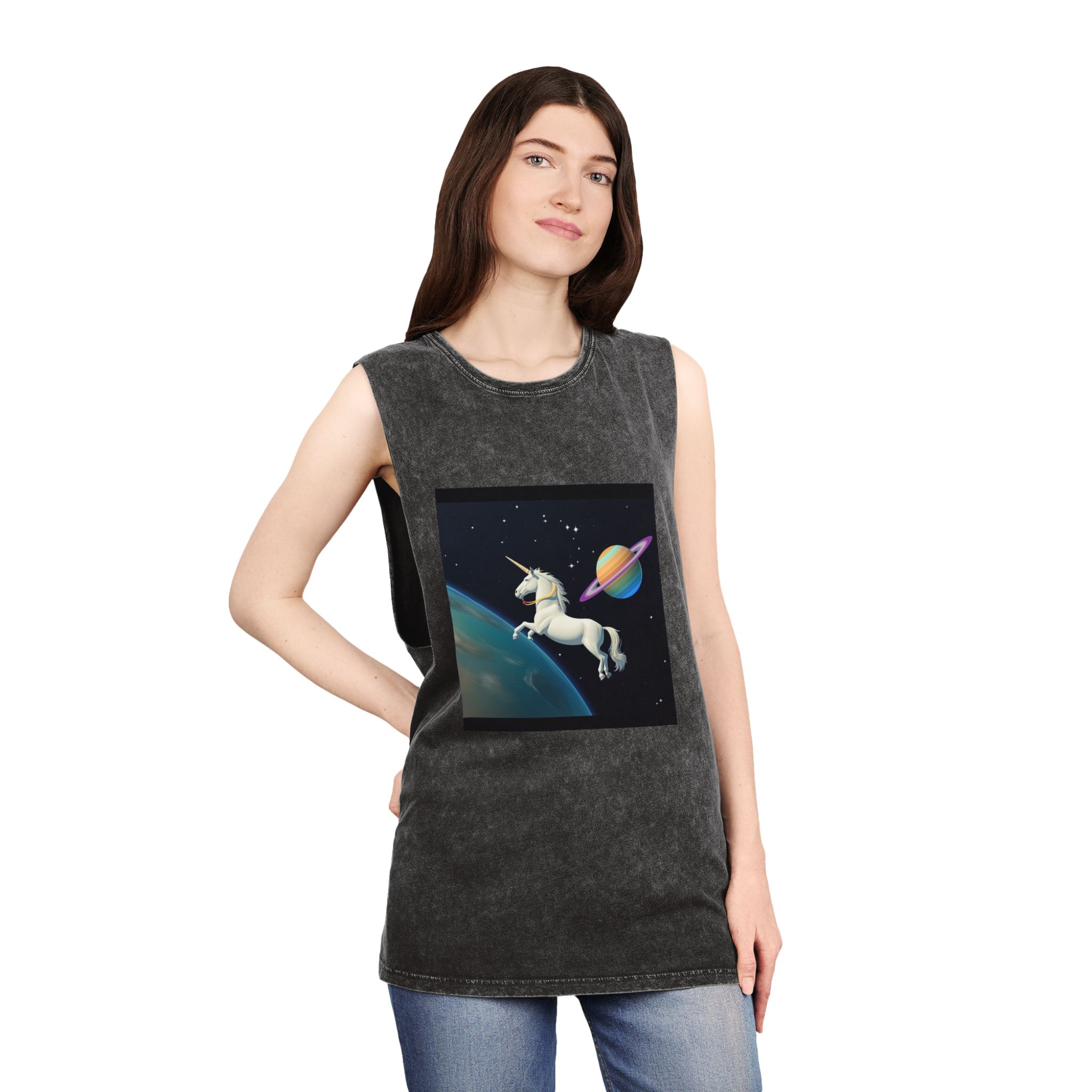 Picture White Unicorn With Rainbow It Unisex Stonewash Tank Top - Image 4