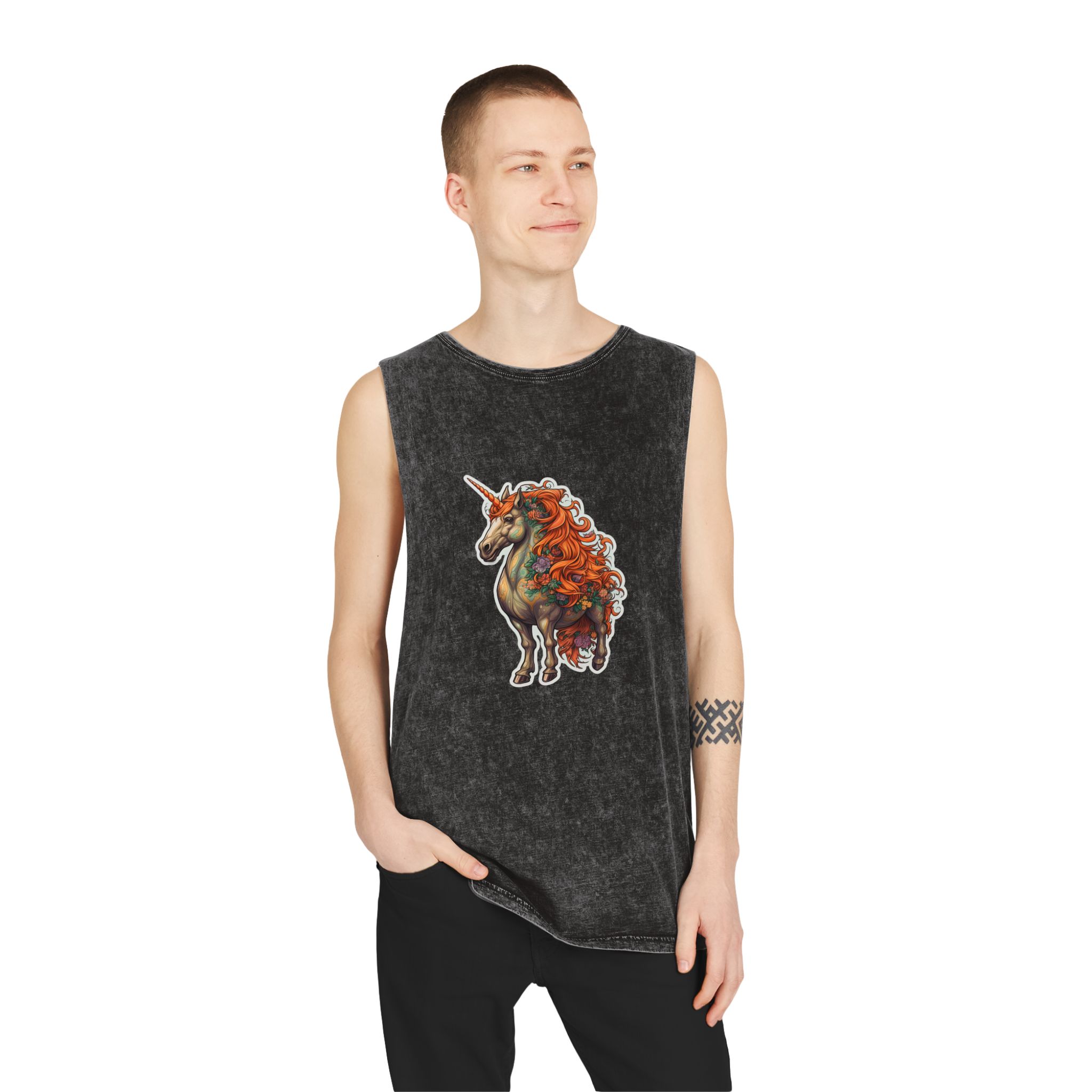 Drawing Unicorn With Flowers Picture Unicorn Unisex Stonewash Tank Top - Image 3