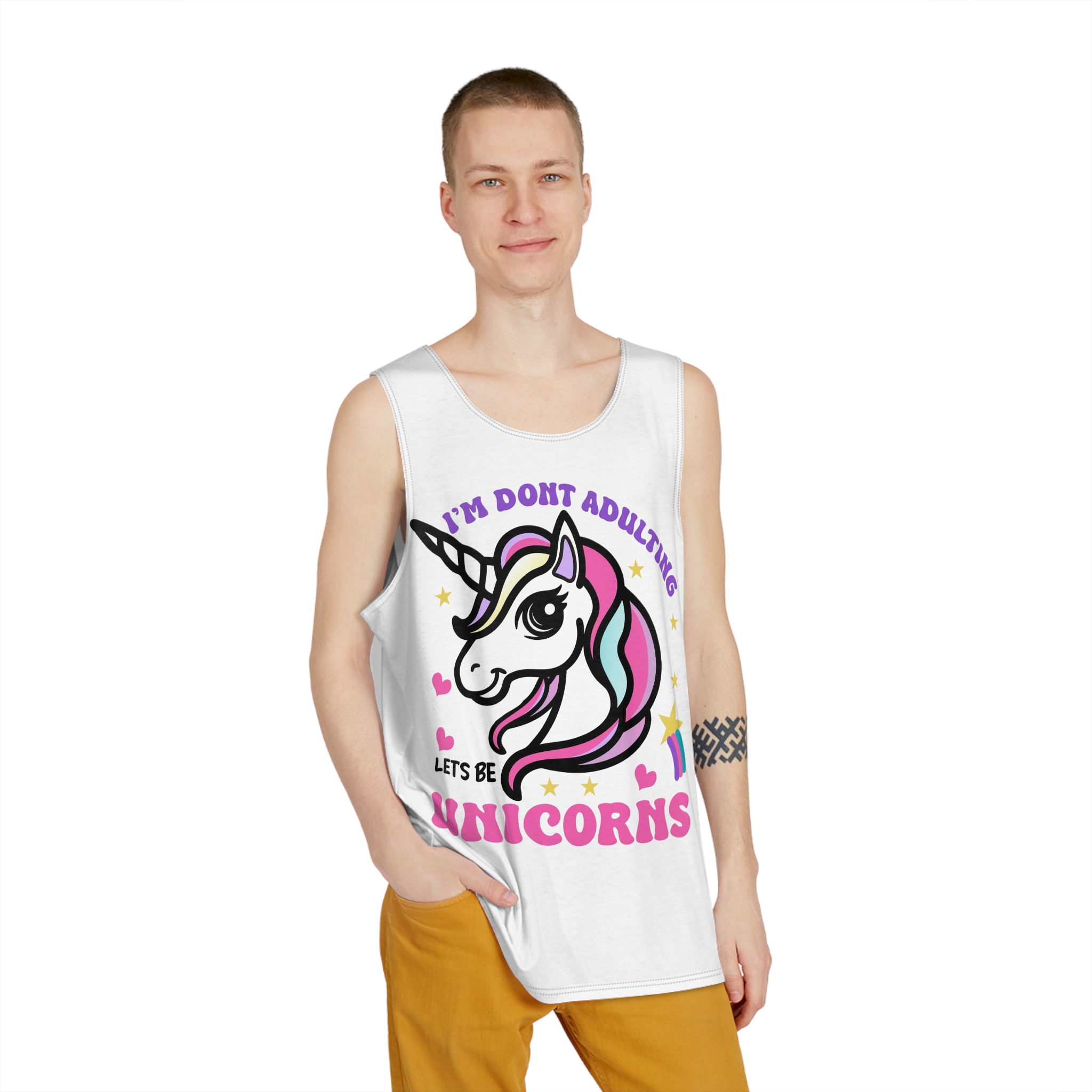 Cute Unicorn Illustration With Rainbow Stars Hearts Mens Tank Aop - Image 3