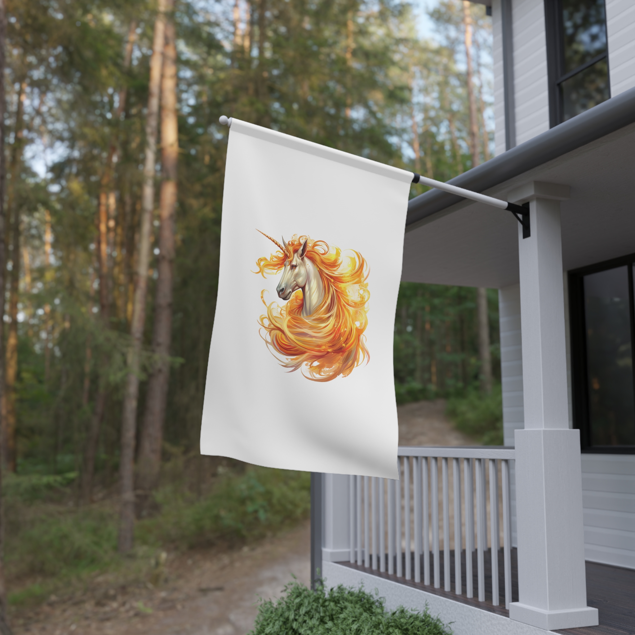 Unicorn With Yellow Mane Orange Orange Flames House Banner - Image 4