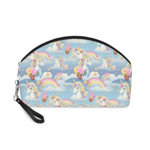 Playful Unicorns Among Flowers Clouds Rainbows Ice Creams Pastel Background (3) Makeup Bag