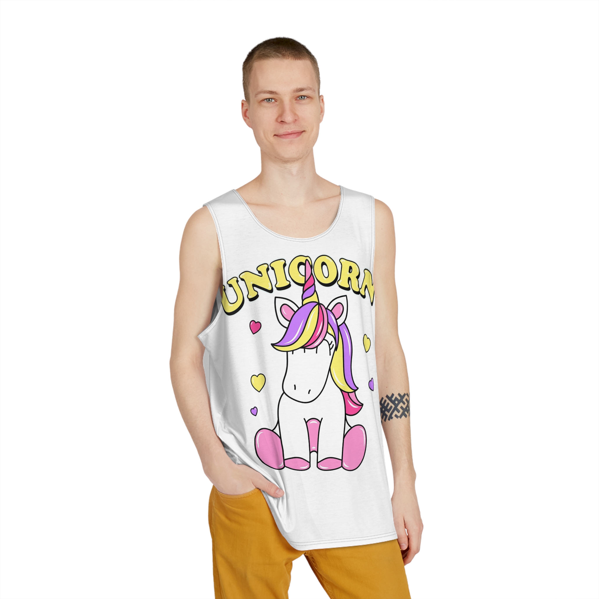 Cute Unicorn With Colorful Hair Hearts Mens Tank Aop - Image 3