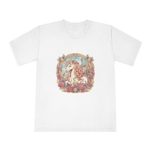 Unique Hand Drawn Fantasy Poster Featuring Majestic Unicorn Medieval Setting Unisex Classic Crewneck T Shirt