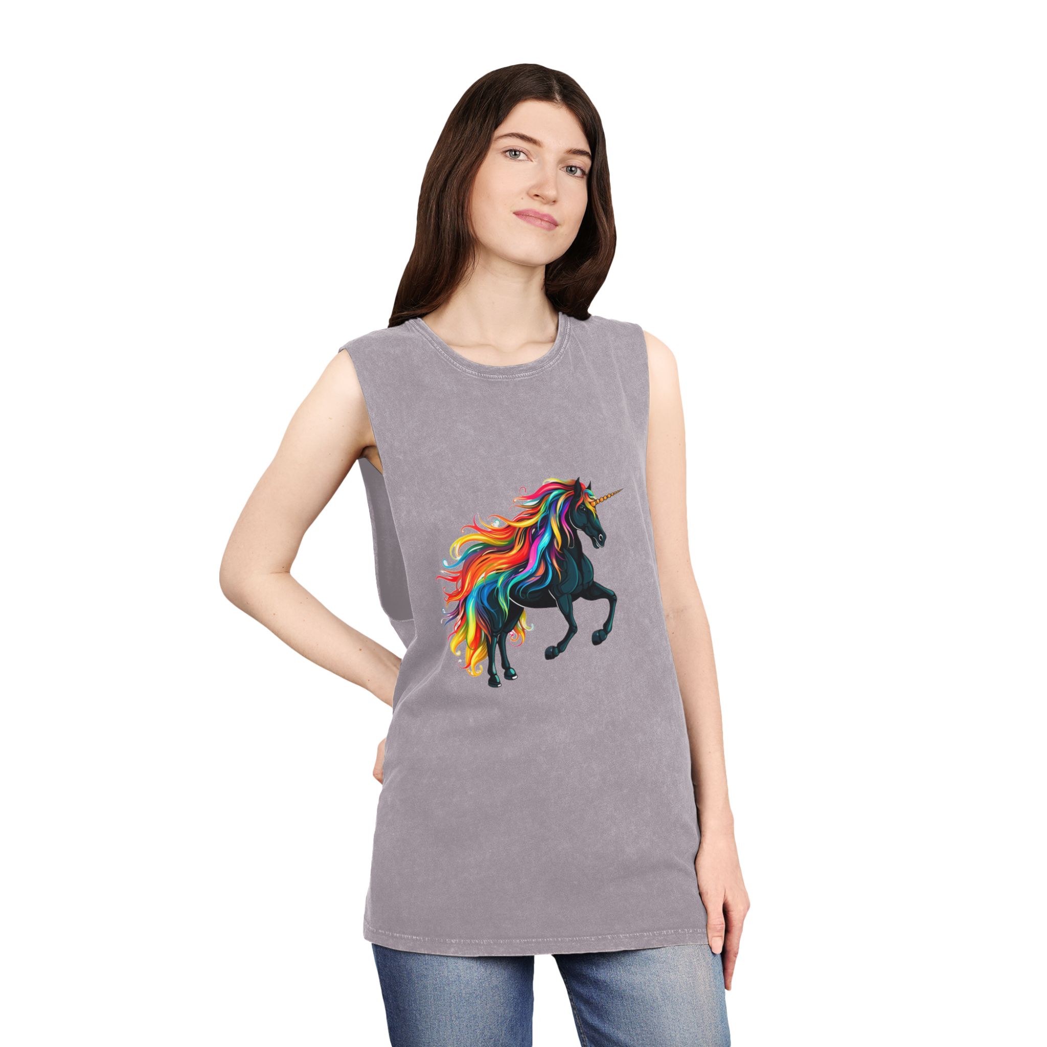 Close Up Black Unicorn With Rainbow Mane Generative Ai Unisex Stonewash Tank Top - Image 20