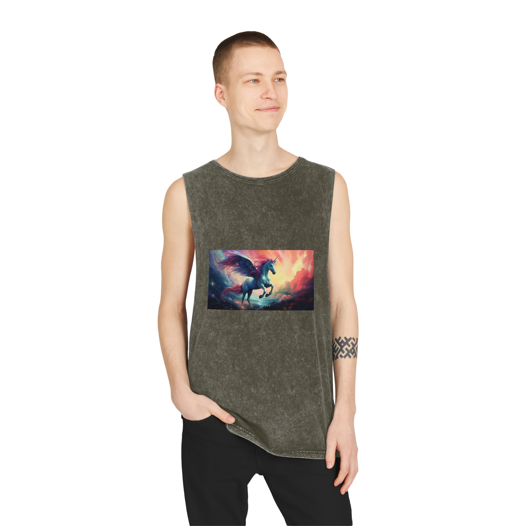 Painting Unicorn With Wings Flying Lake Generative Ai Unisex Stonewash Tank Top - Image 7