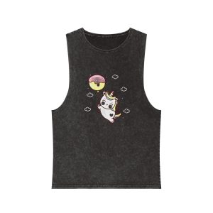 Cute Unicorn Vector Holding Cupcake Balloon and Letter On Sky With Heart Pony Cartoon Sweet Pastel Background Valentines Day Unisex Stonewash Tank Top
