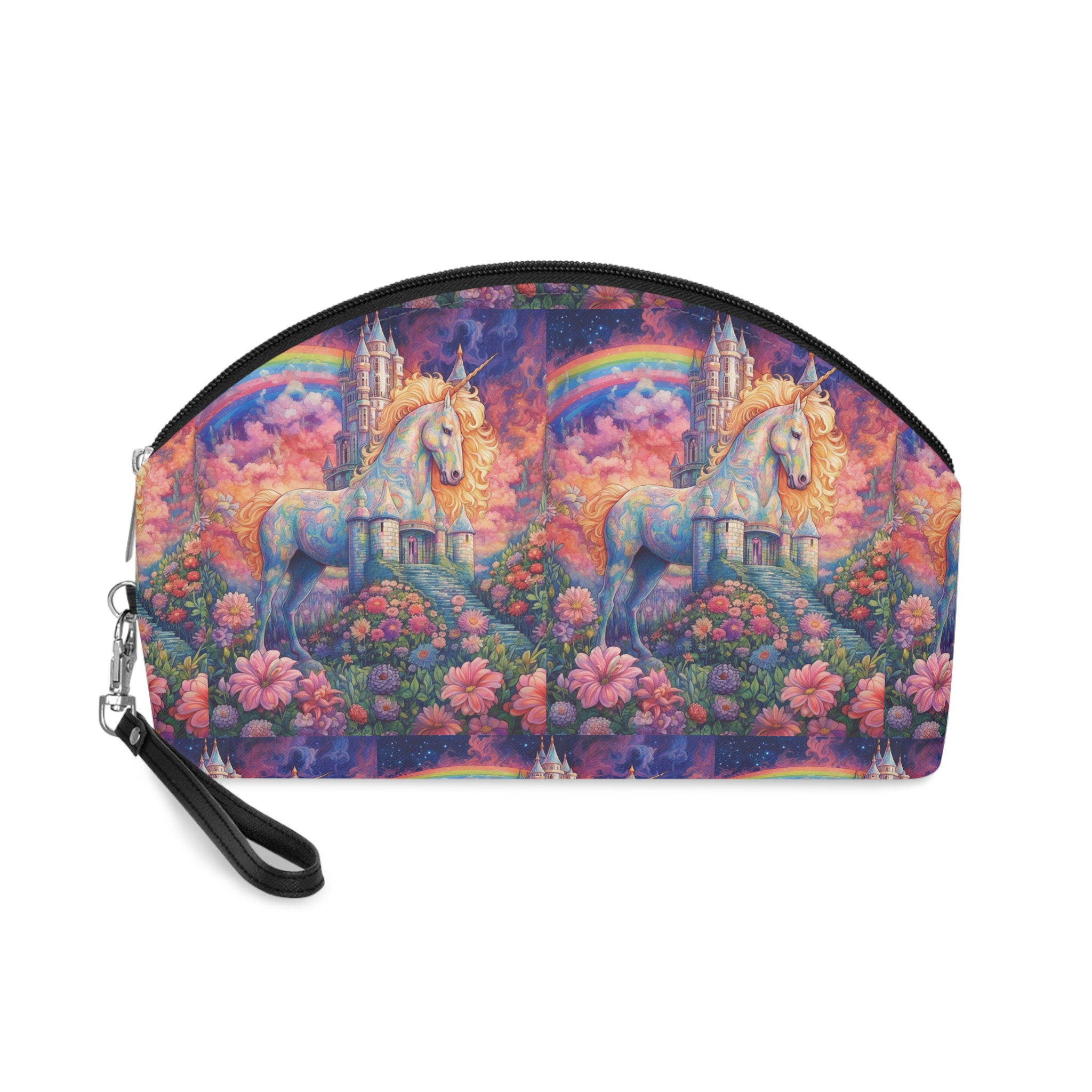 Painting Unicorn Field Flowers With Castle Background Generative Ai Makeup Bag