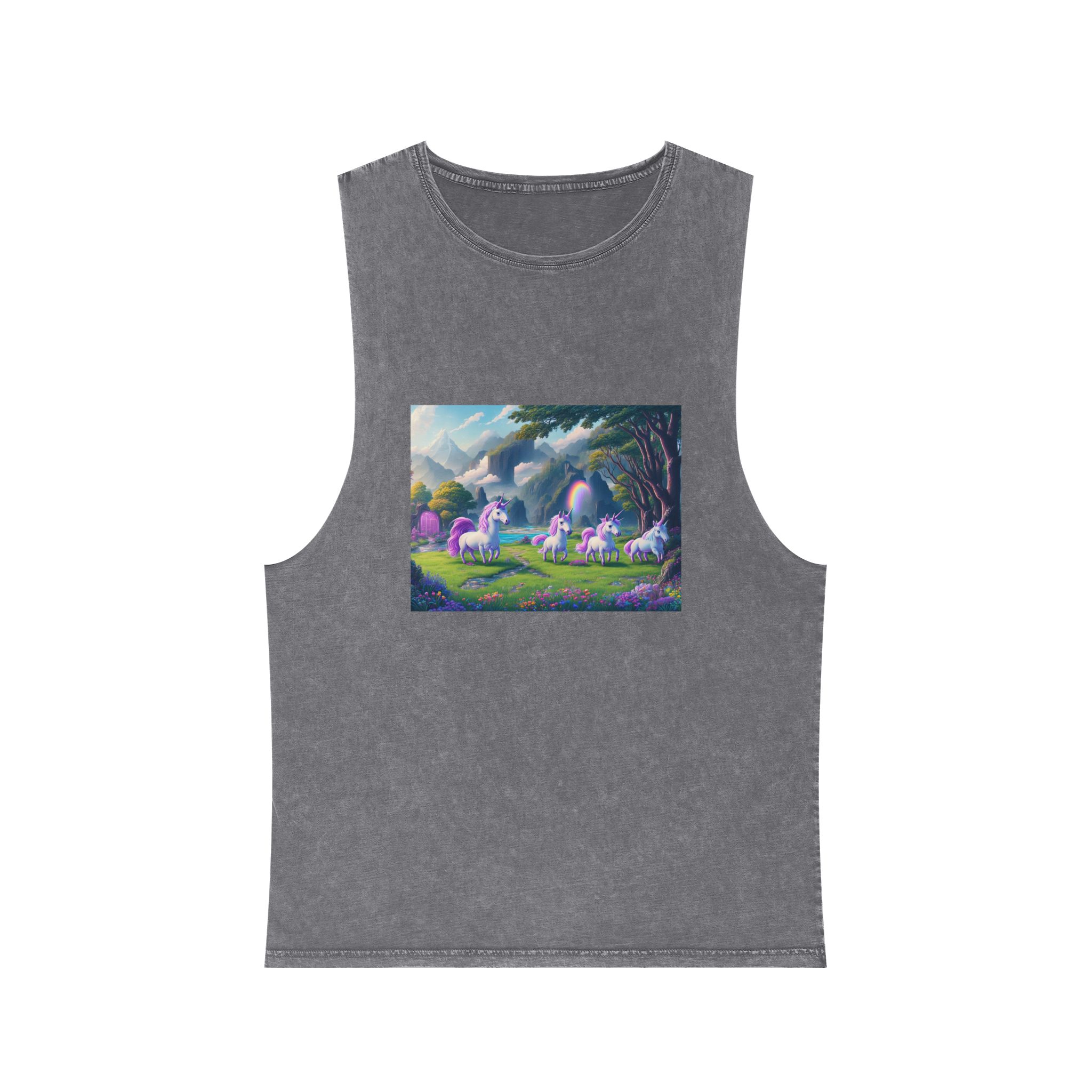 Painting Group Unicorns Landscape With Mountains Background Unisex Stonewash Tank Top - Image 9
