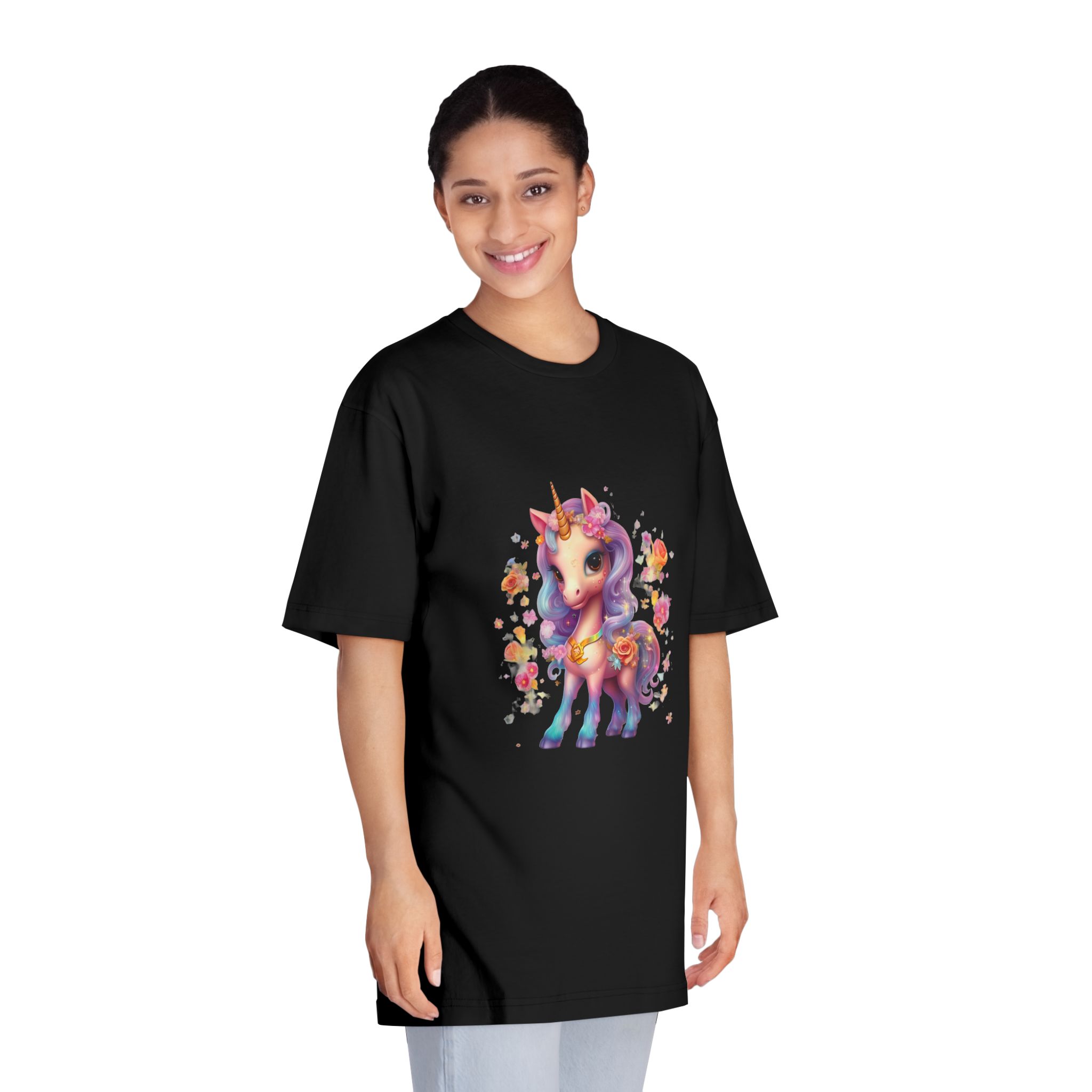 Illustration Unicorn Cartoon With Flower White Background Generative Ai (1) Unisex Classic Crewneck T Shirt - Image 7
