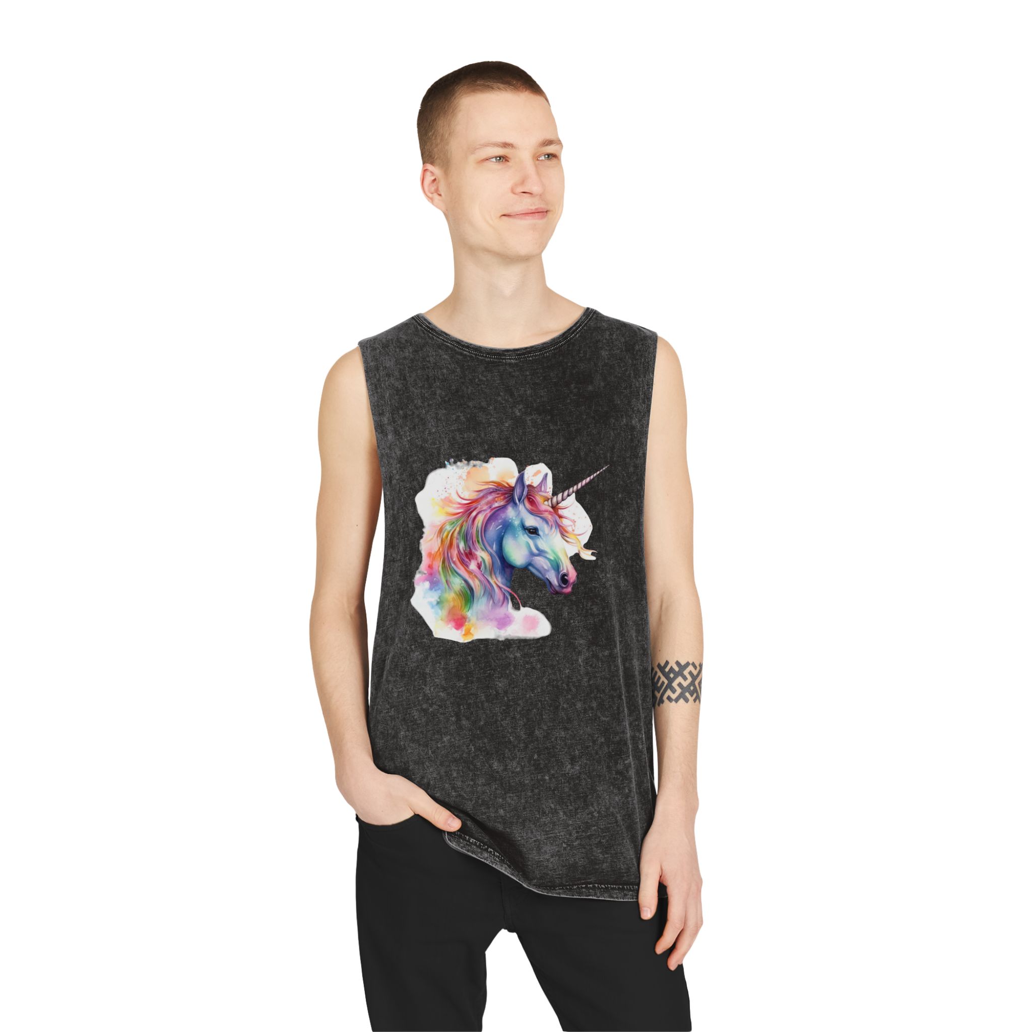 Coloful Unicorn Unisex Stonewash Tank Top - Image 3