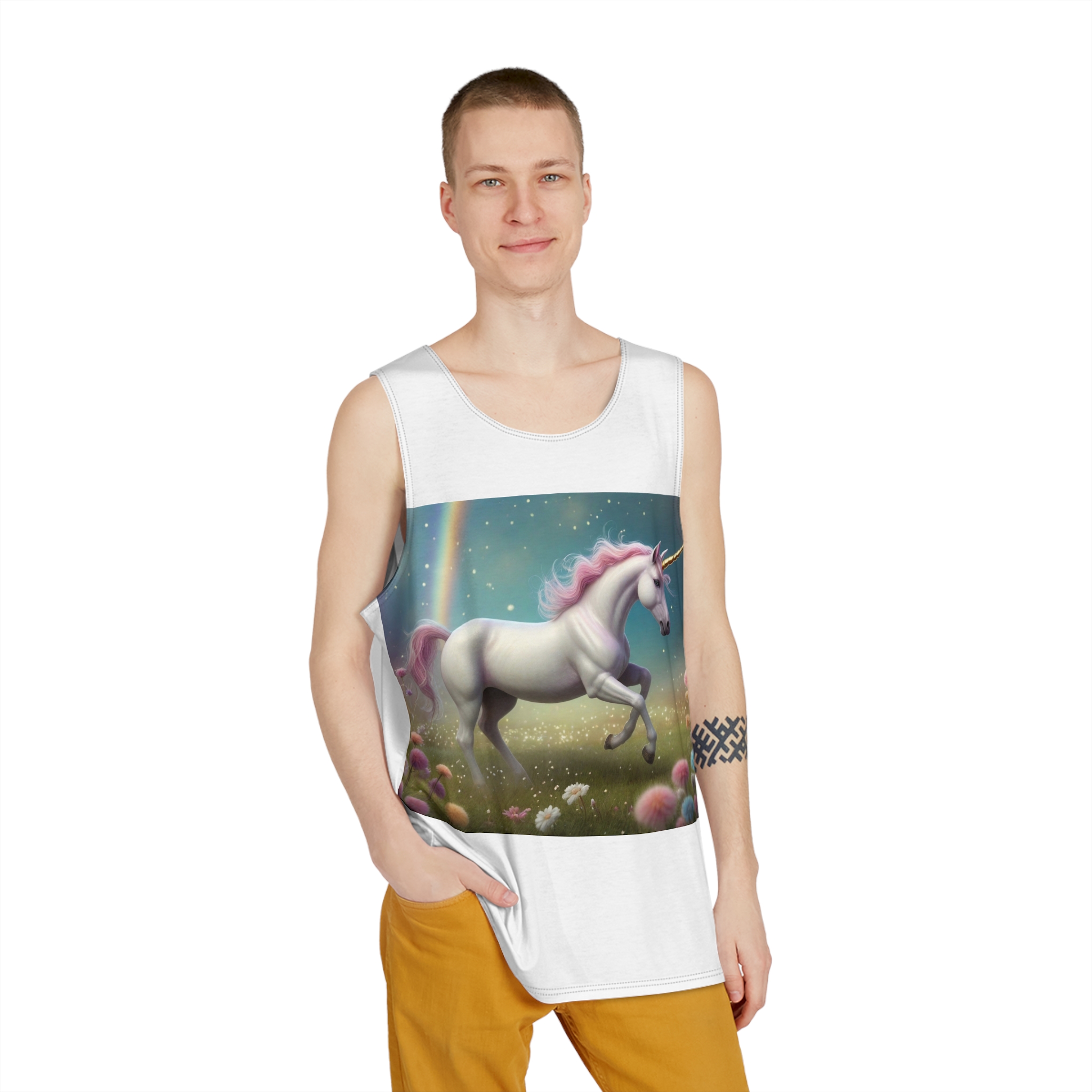 Beautiful Unicorn Running Magical Meadow Unicorn Background Images Whimsical Unicorn (15) Mens Tank Aop - Image 3