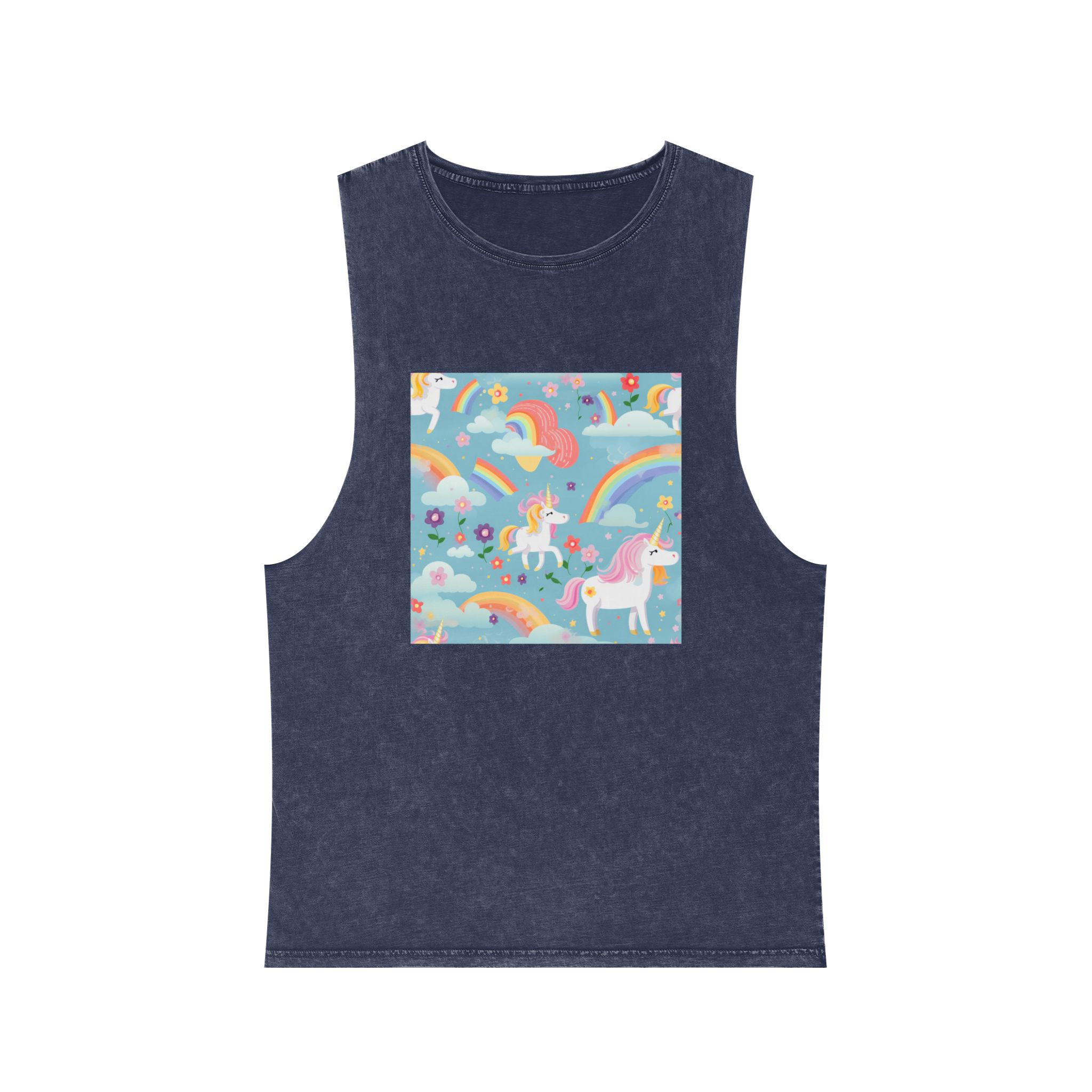 Playful Unicorns Among Flowers Clouds Rainbows Ice Creams Pastel Background (9) Unisex Stonewash Tank Top - Image 13
