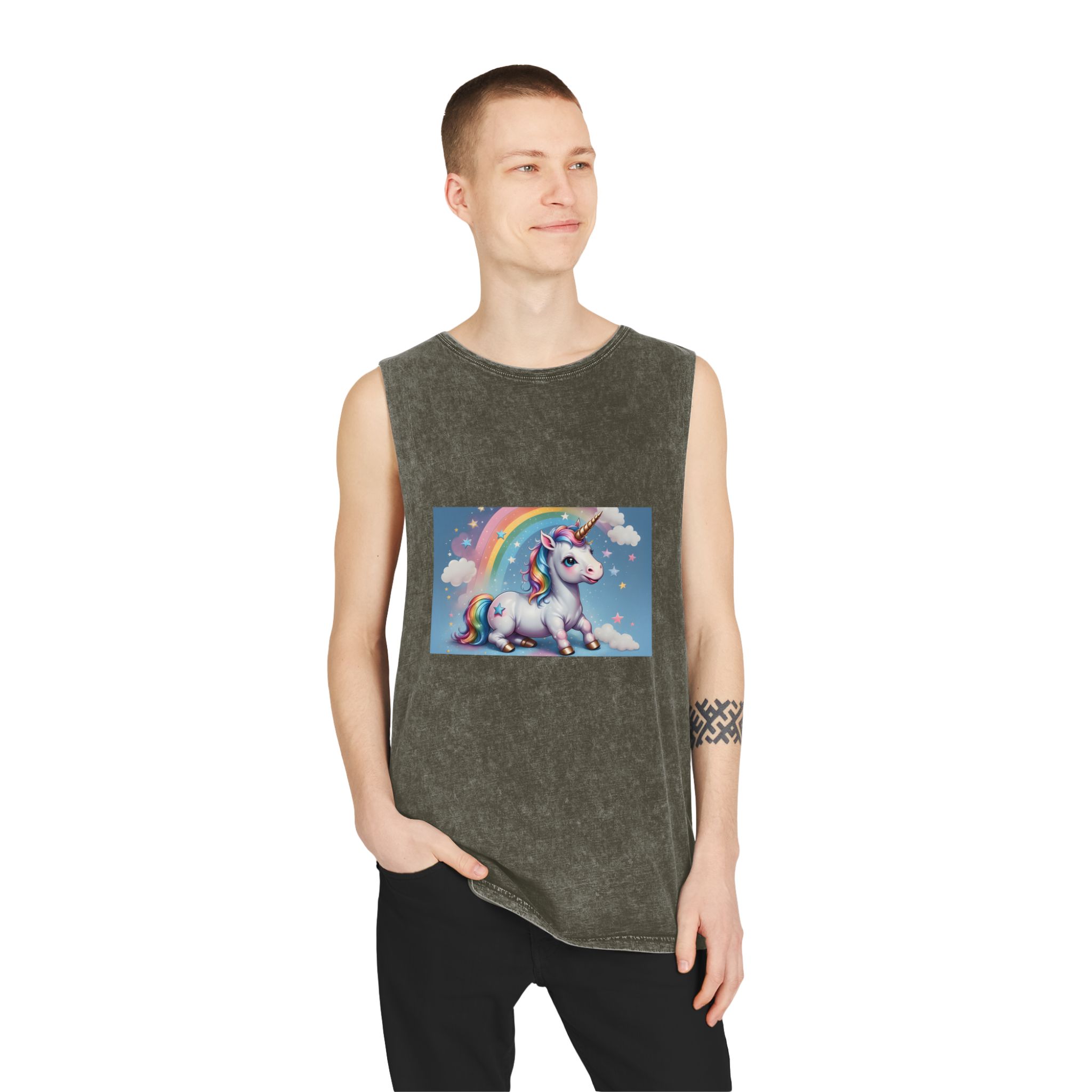 Happy Unicorn Background Sky Rainbow Unisex Stonewash Tank Top - Image 7