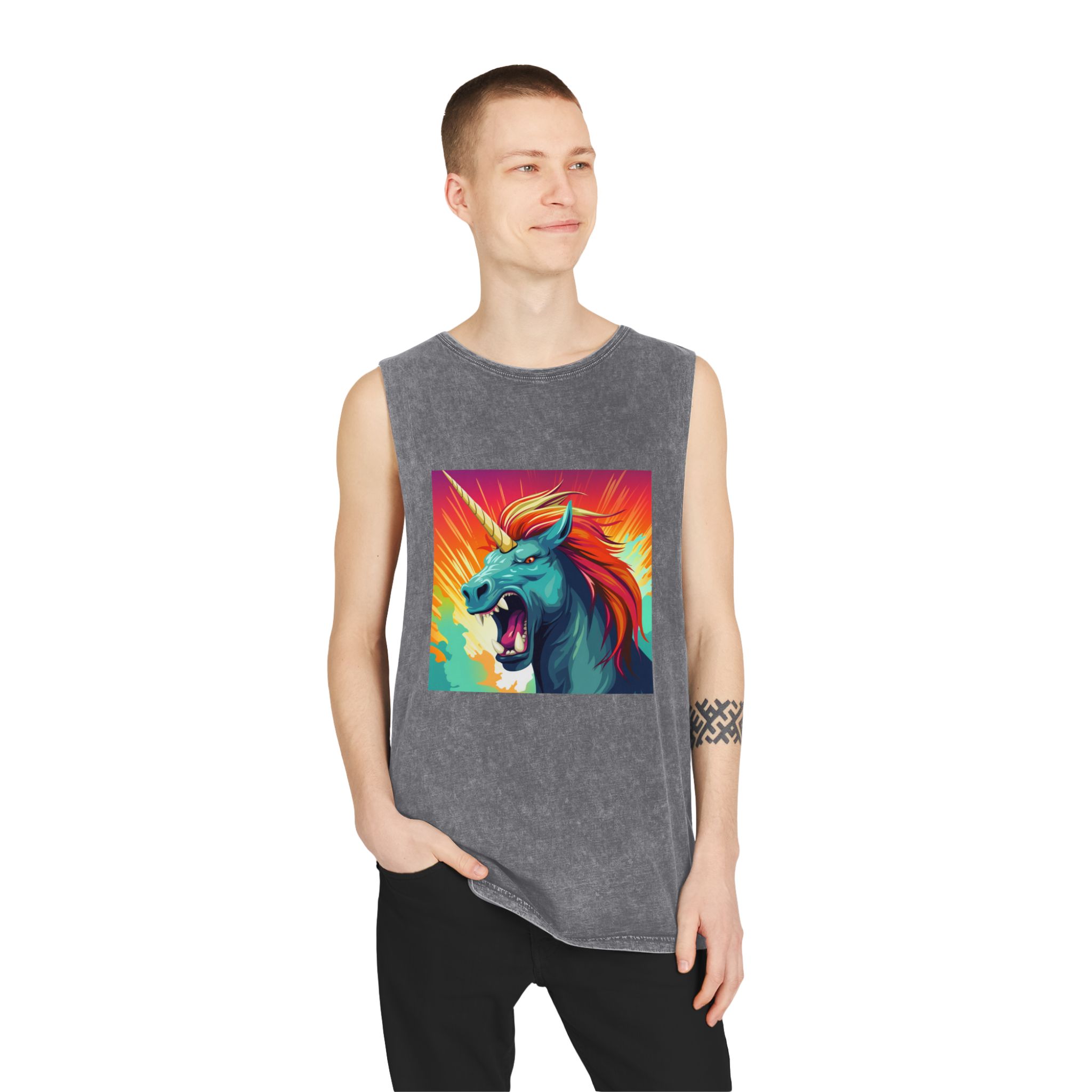 Illustration Unicorn With Colorful Mane Yellow Horn Generative Ai Unisex Stonewash Tank Top - Image 11