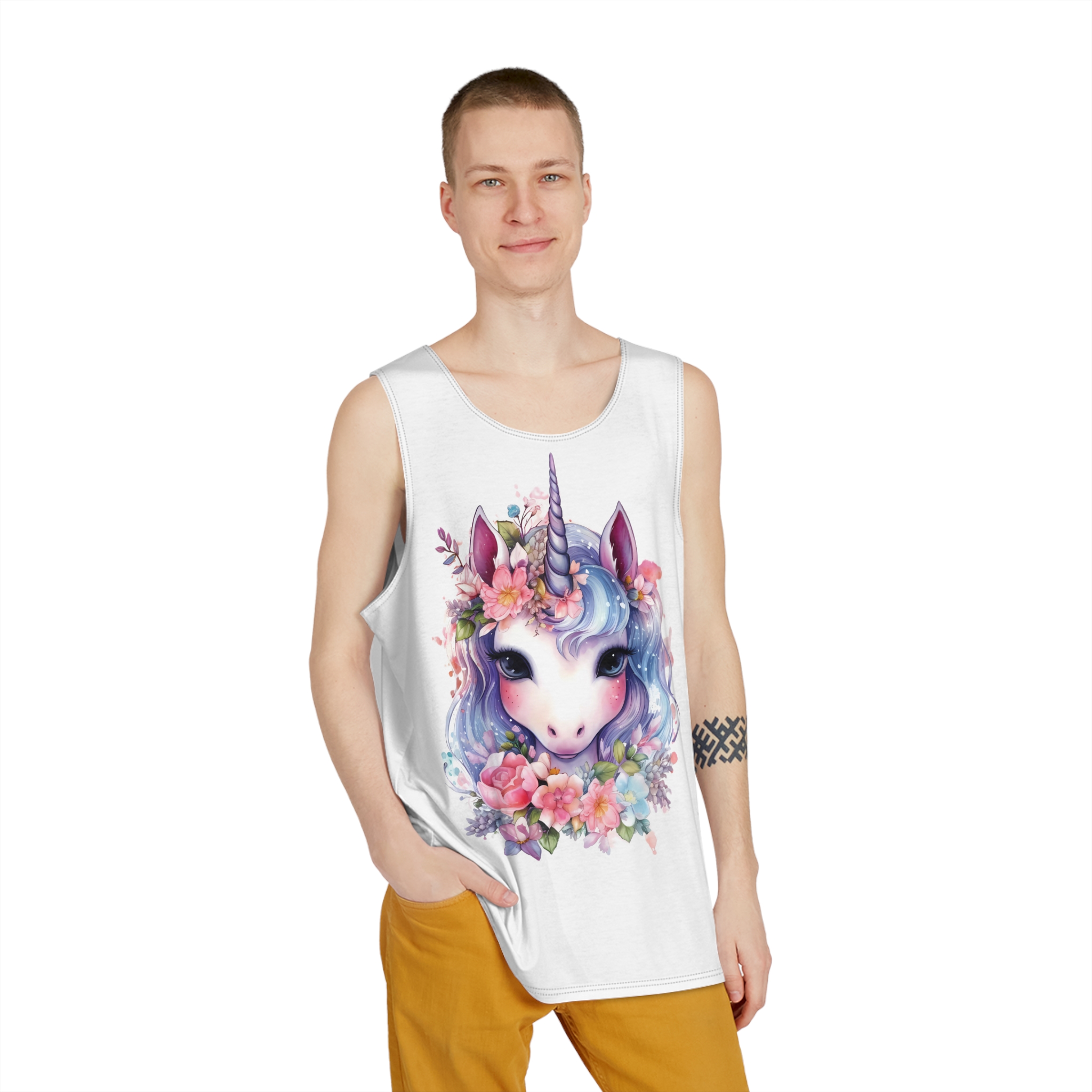 Cute Colorful Magic Unicorn With Flowers Watercolor Style (1) Copy Mens Tank Aop - Image 3