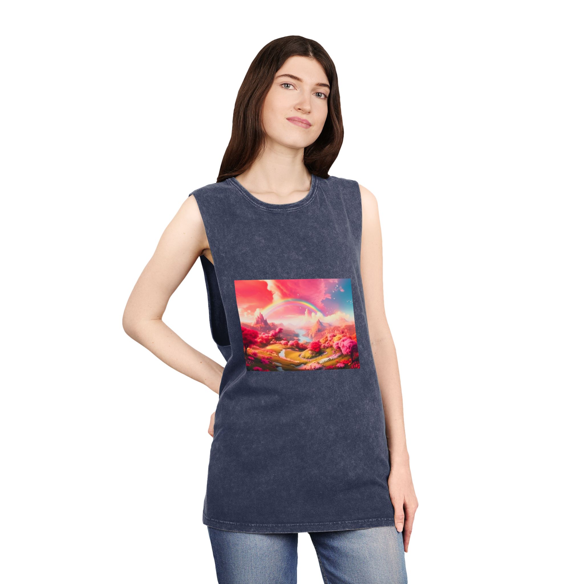 Pink Spring Garden Fairy Land Background Clouds With Rainbow Animation Unisex Stonewash Tank Top - Image 16