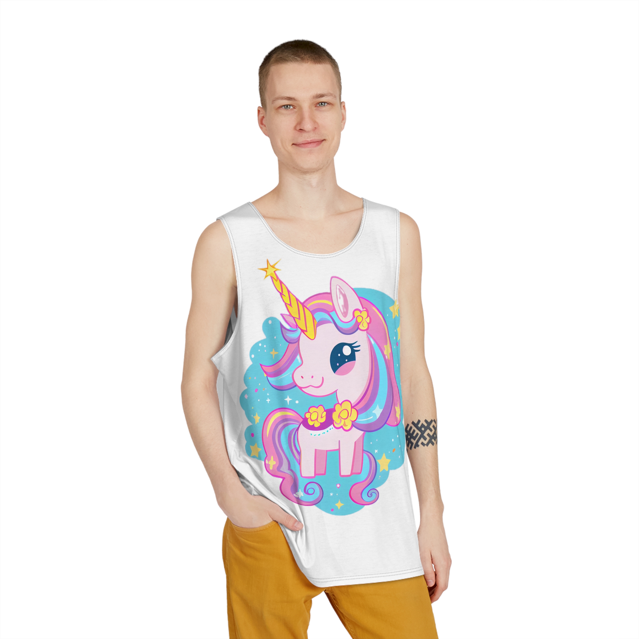 There Is Cartoon Unicorn With Bow Tie Stars Generative Ai Mens Tank Aop - Image 3