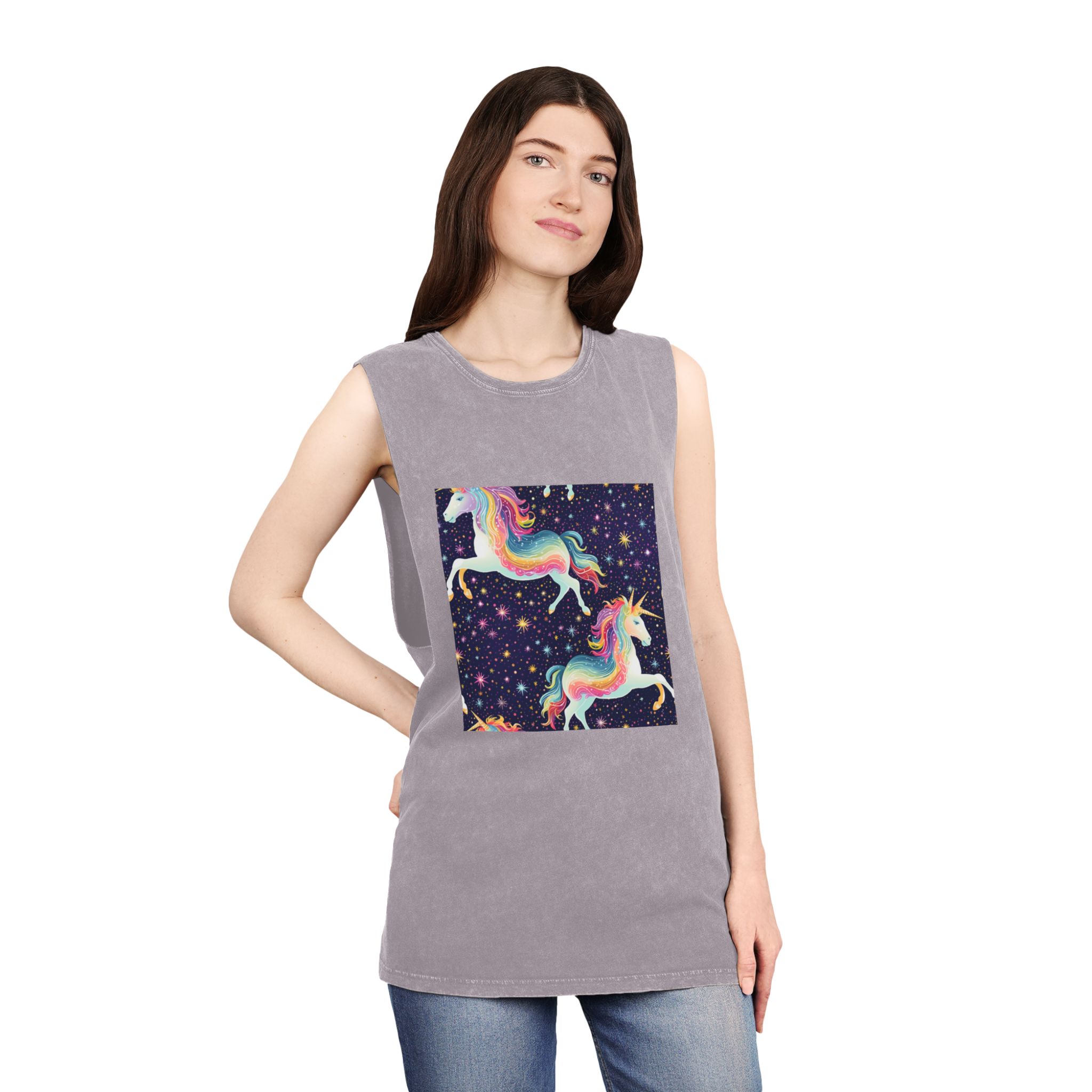 Seamless Pattern With Unicorns Stars Dark Background Generative Ai Unisex Stonewash Tank Top - Image 20