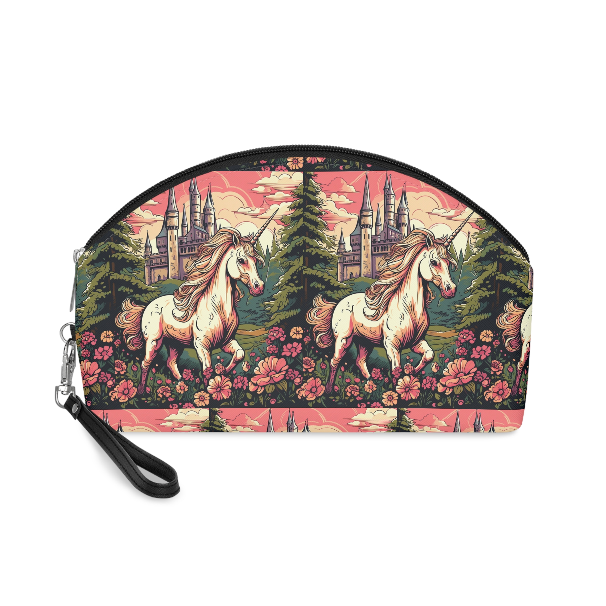 Unicorn Front Castle With Flowers Trees Generative Ai Makeup Bag