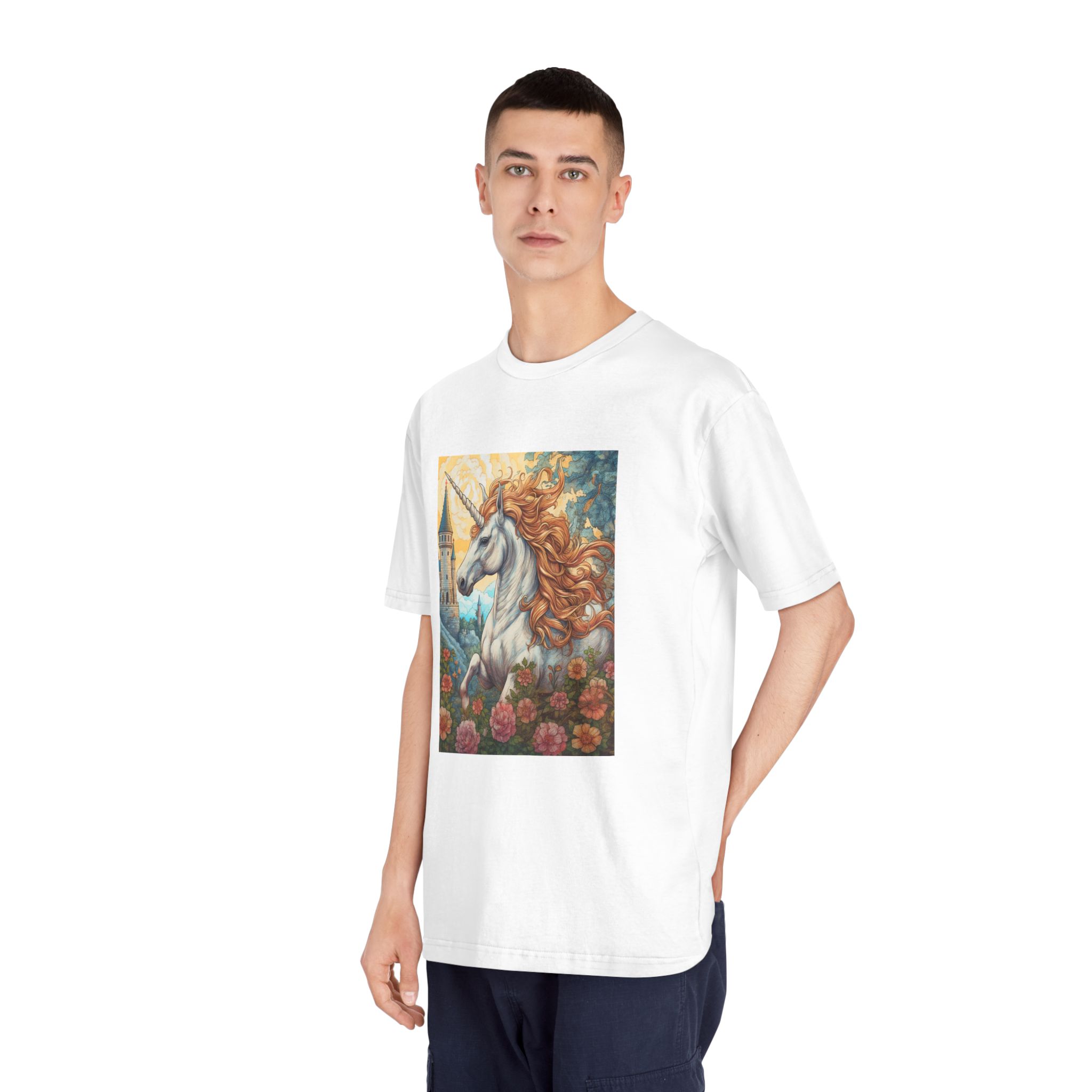 Painting Unicorn With Long Mane Castle Background Generative Ai Unisex Classic Crewneck T Shirt - Image 4
