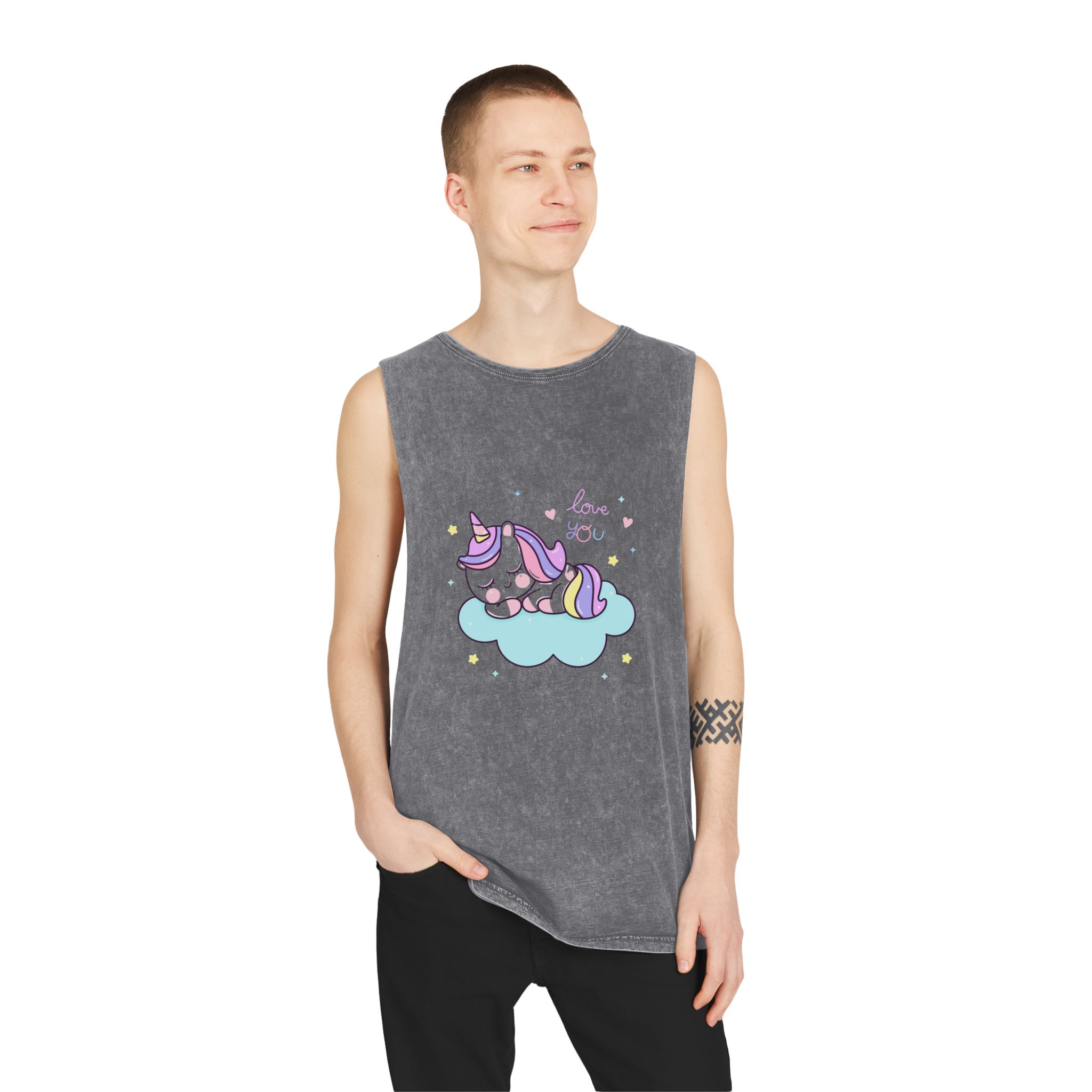 Cute Unicorn Sleep Cartoon Cloud Sweet Dream Kawaii Hand Drawn Unisex Stonewash Tank Top - Image 11