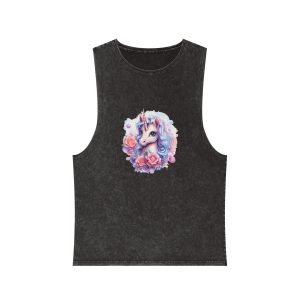 Cute Colorful Magic Unicorn With Flowers Watercolor Style (8) Copy Unisex Stonewash Tank Top