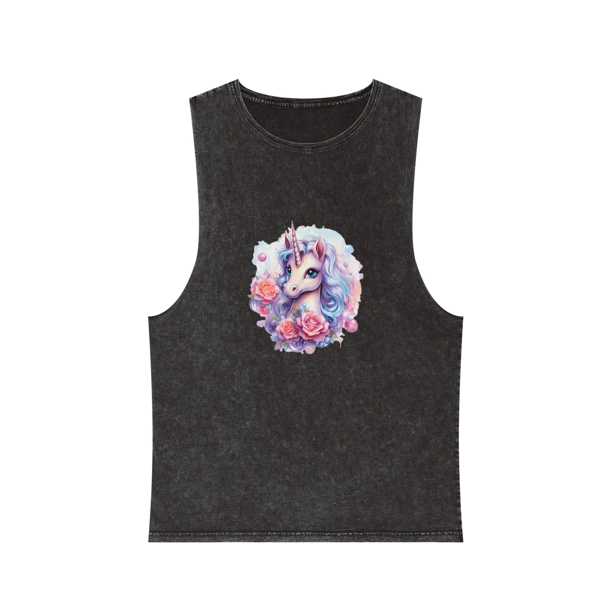 Cute Colorful Magic Unicorn With Flowers Watercolor Style (8) Copy Unisex Stonewash Tank Top