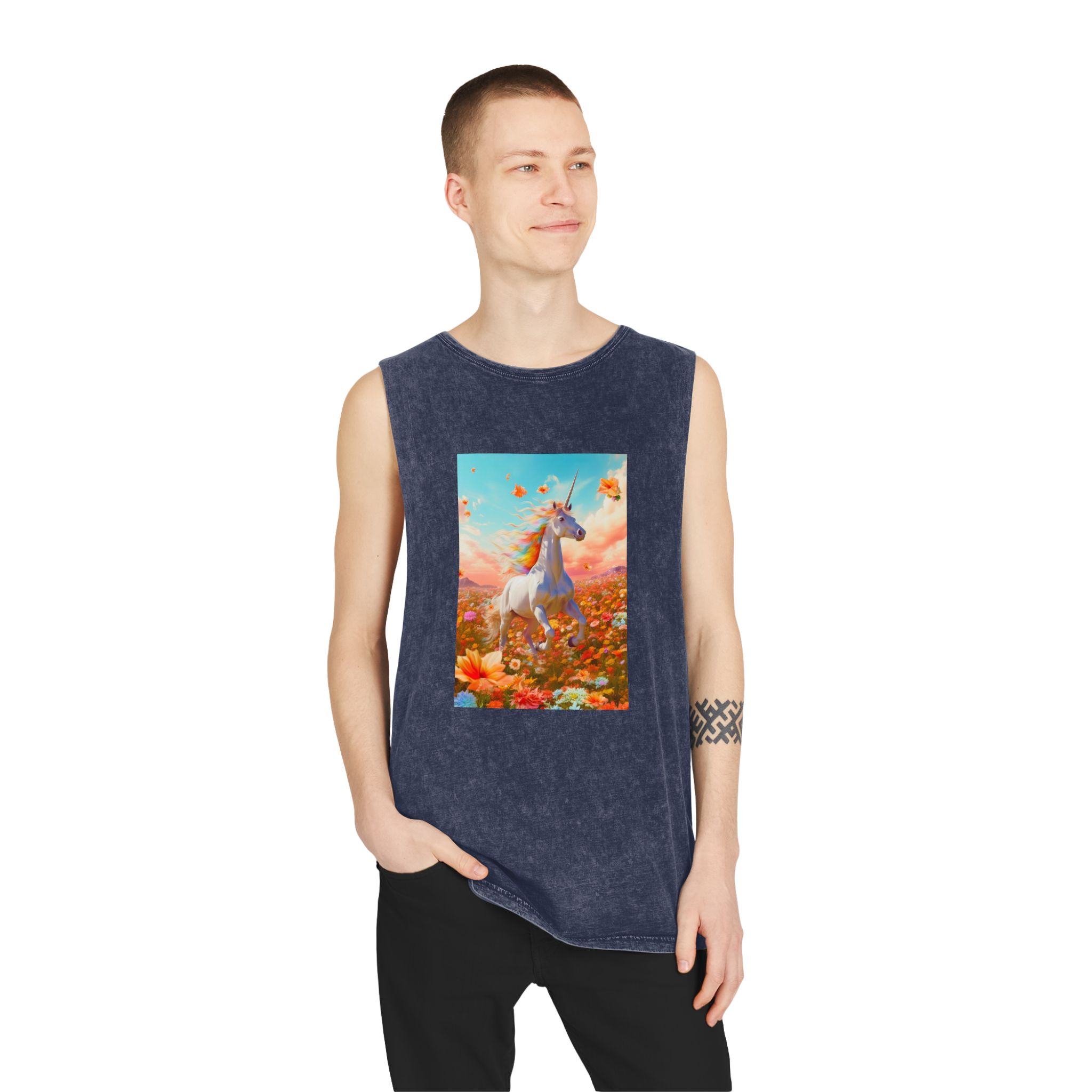 Image White Unicorn Running Through Field Wildflowers Generative Ai Unisex Stonewash Tank Top - Image 15