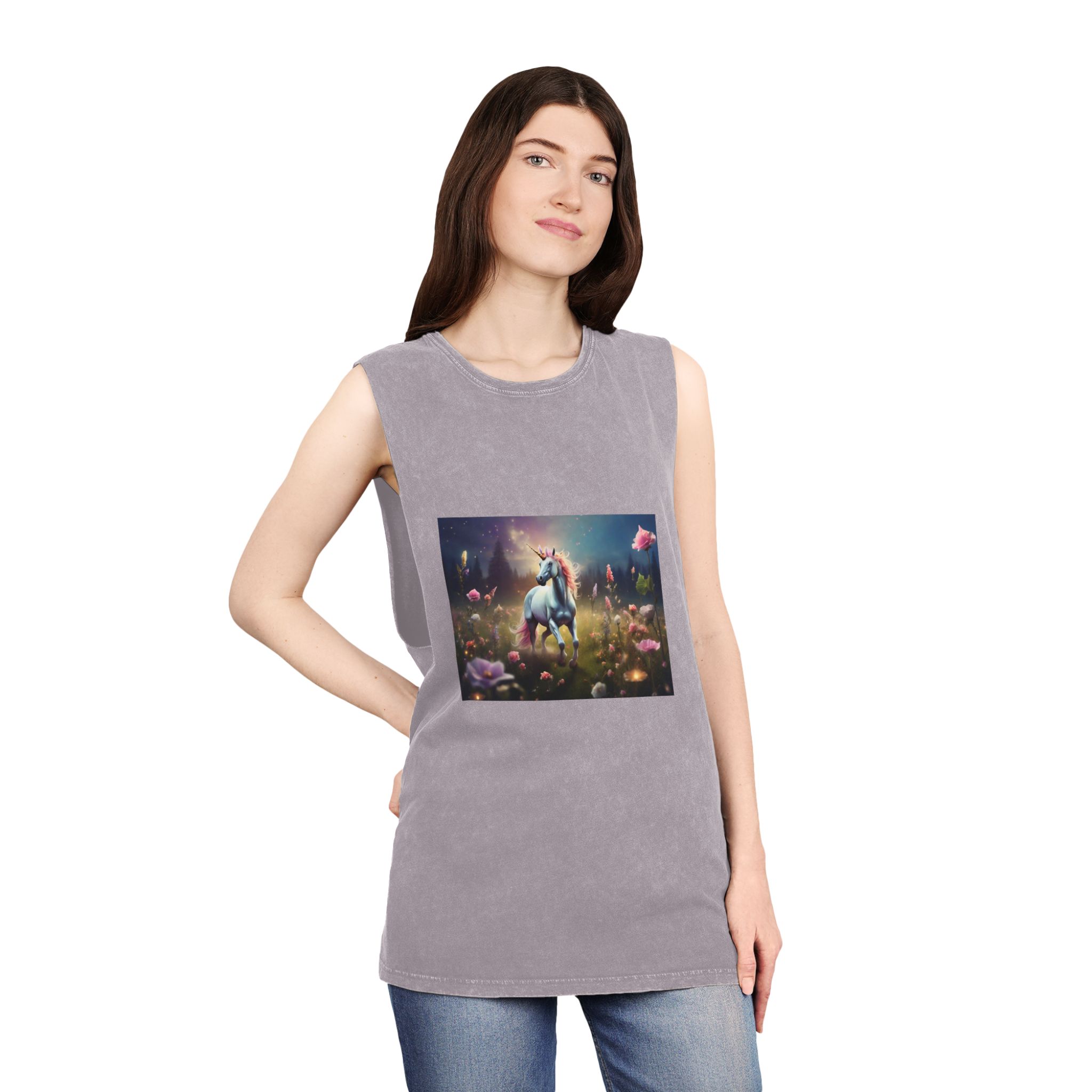 Beautiful Unicorn Running Magical Meadow Unicorn Background Images Whimsical Unicorn (20) Unisex Stonewash Tank Top - Image 20
