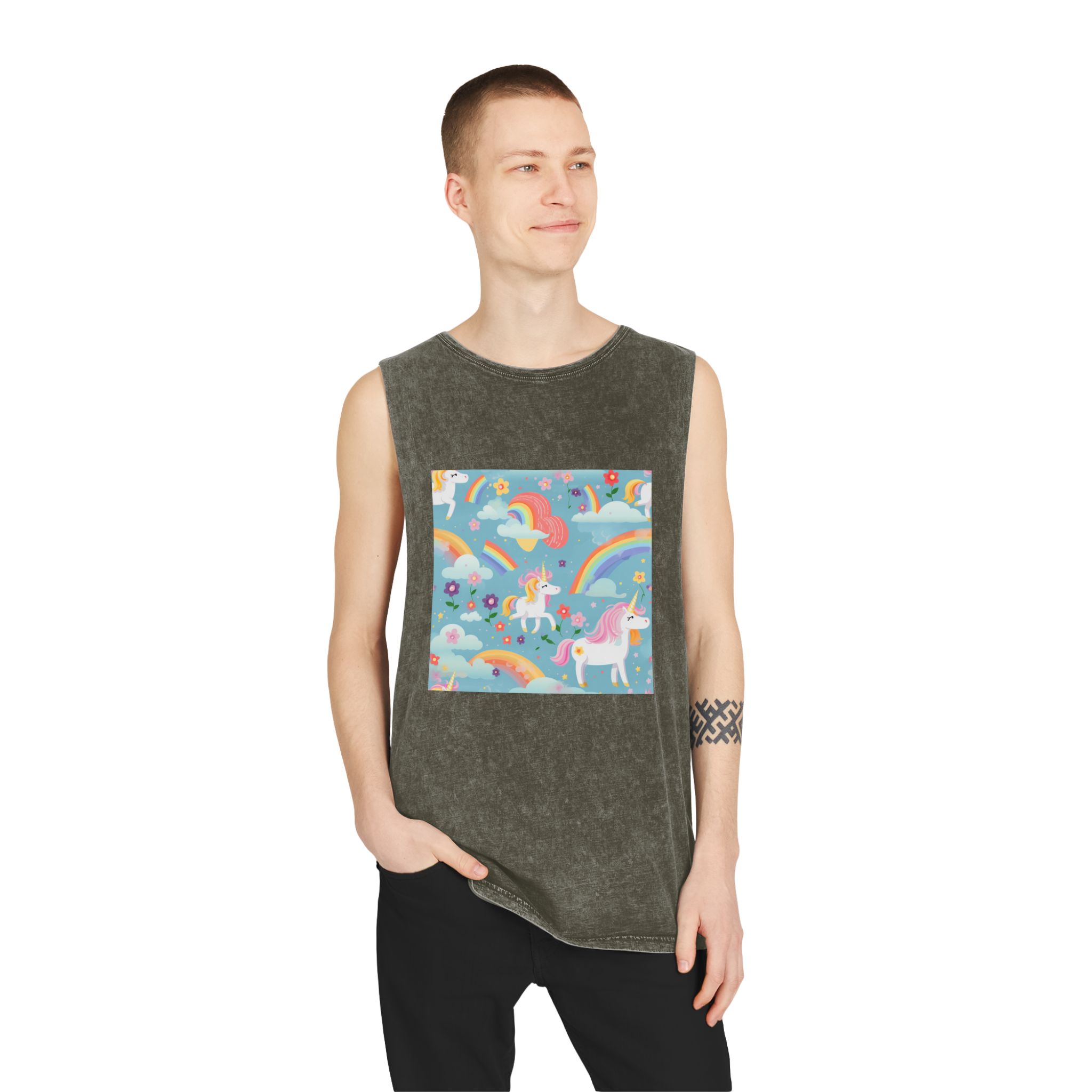 Playful Unicorns Among Flowers Clouds Rainbows Ice Creams Pastel Background (9) Unisex Stonewash Tank Top - Image 7
