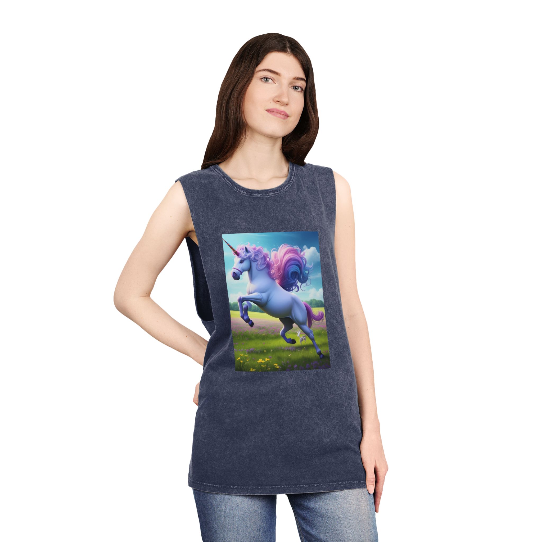 Beautiful Unicorn Running Magical Meadow Unicorn Background Images Whimsical Unicorn (26) Unisex Stonewash Tank Top - Image 16