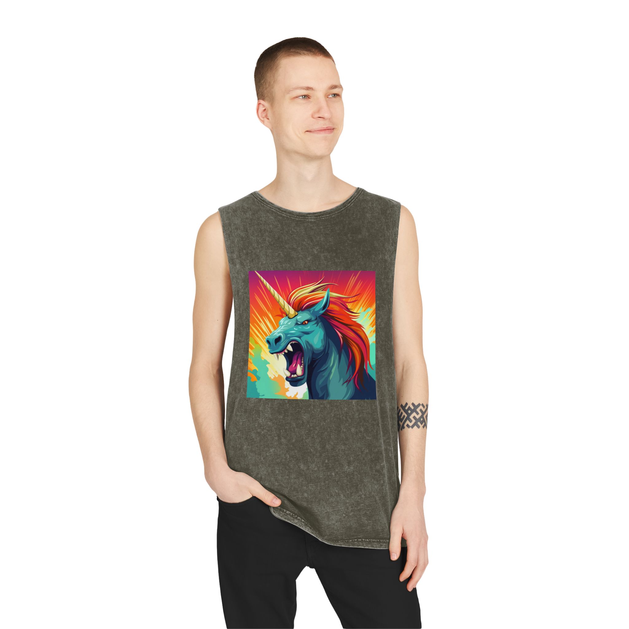 Illustration Unicorn With Colorful Mane Yellow Horn Generative Ai Unisex Stonewash Tank Top - Image 7