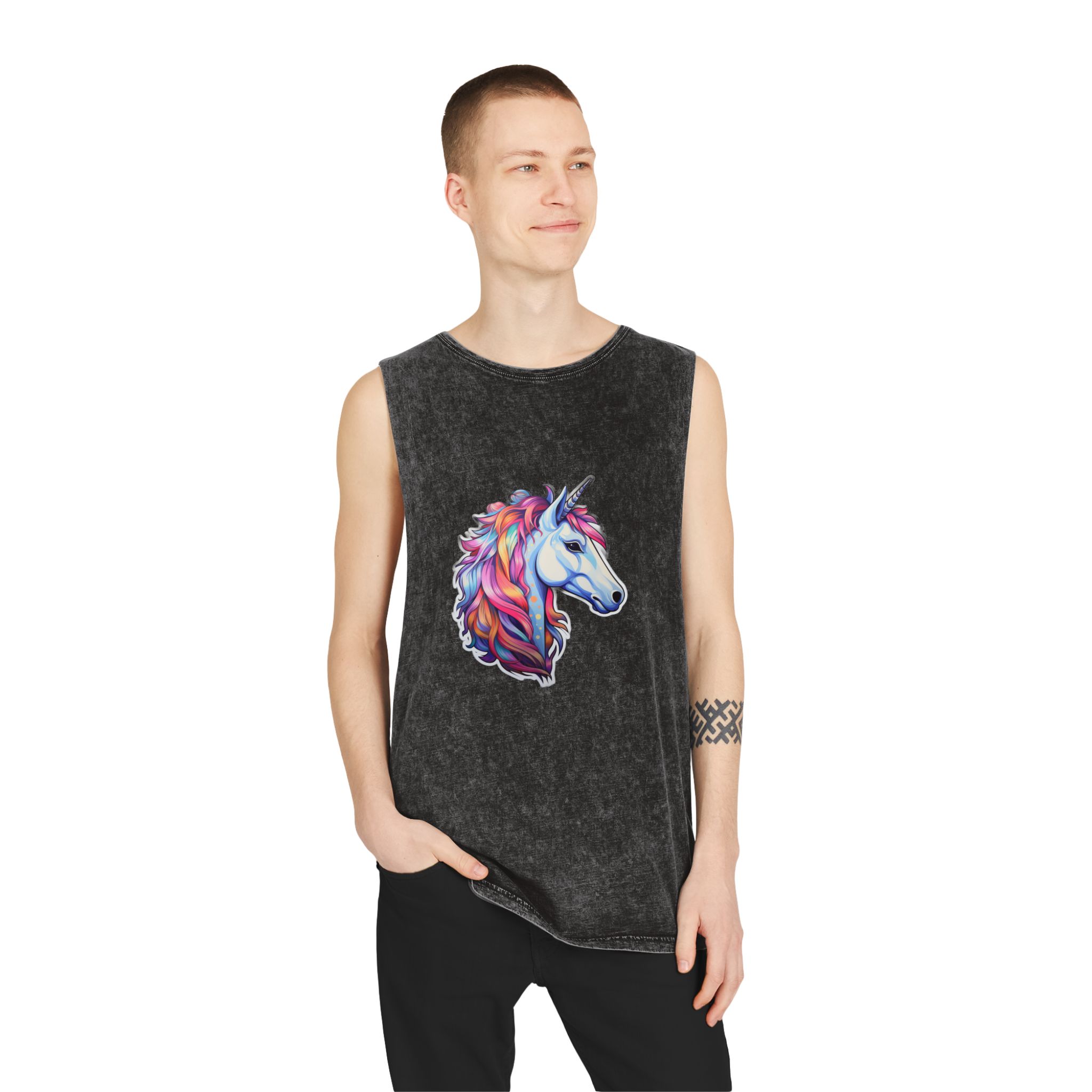 Sticker Unicorn Unisex Stonewash Tank Top - Image 3