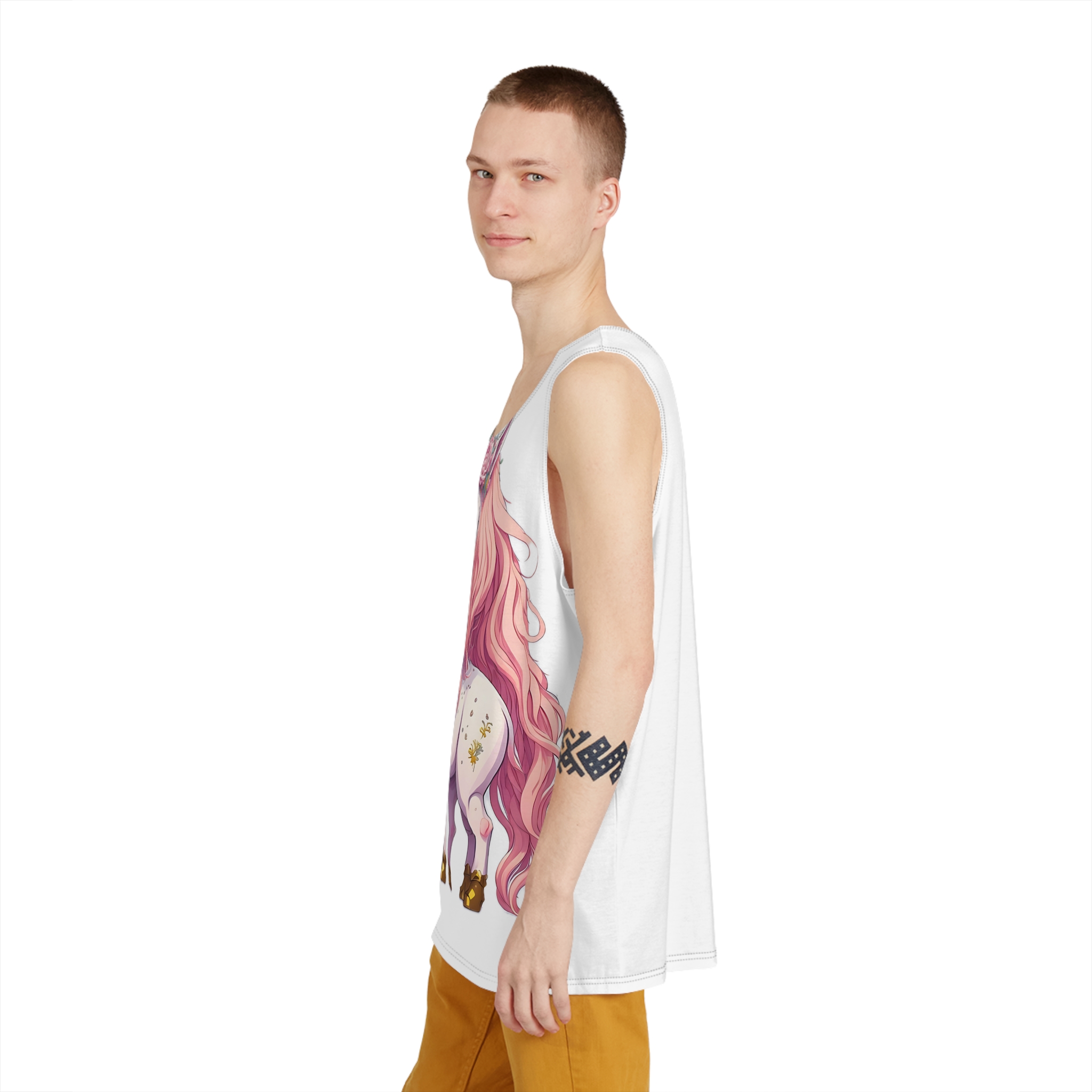 Pink Baby Unicorn Cartoon With Gold Horn Generative Ai Mens Tank Aop