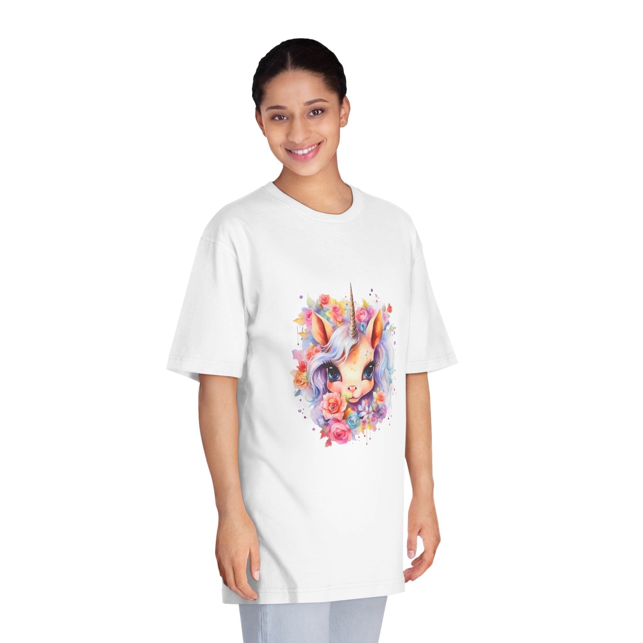 Cute Colorful Magic Unicorn With Flowers Watercolor Style (7) Unisex Classic Crewneck T Shirt - Image 3
