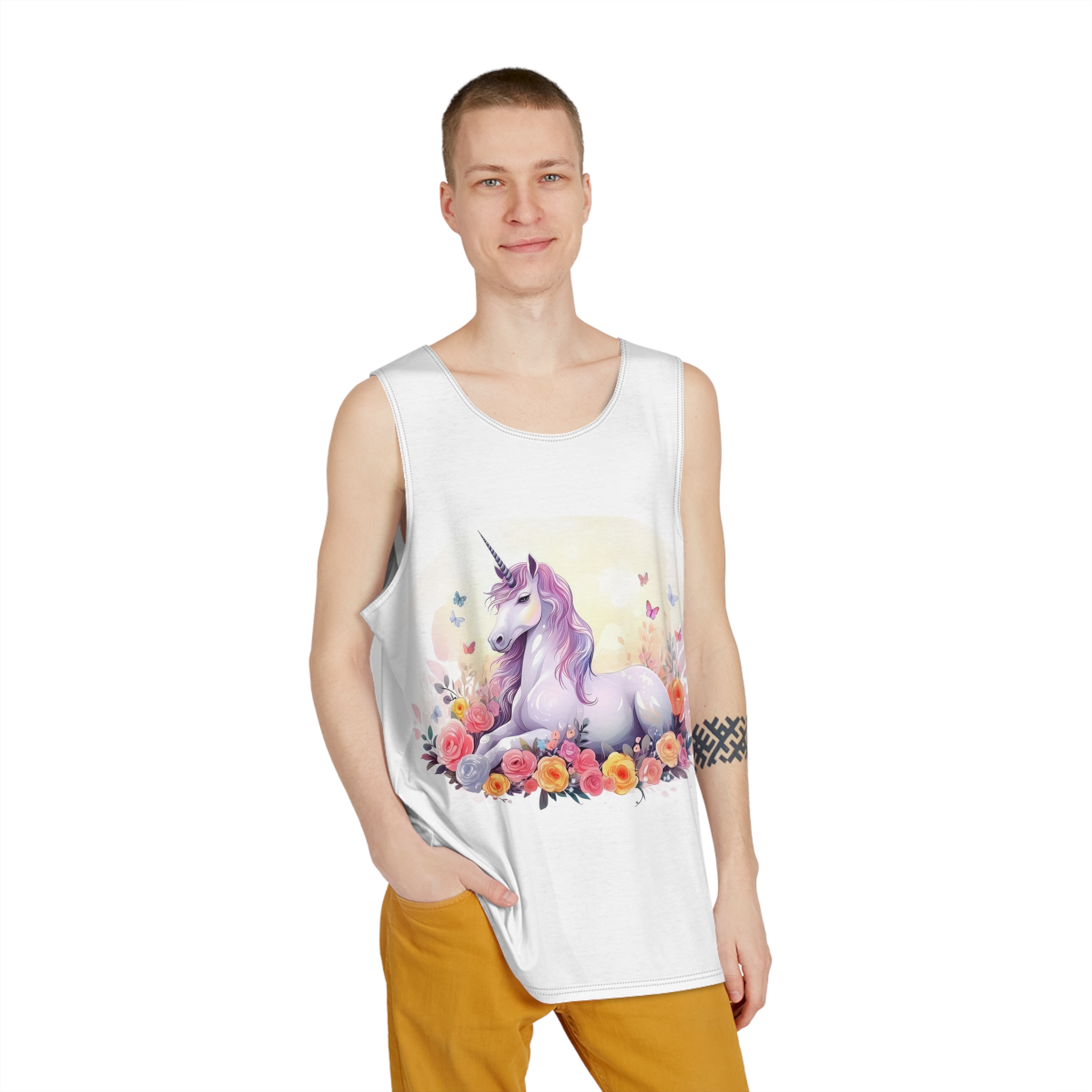 Illustration Little Unicorn Sits With Flowers Mens Tank Aop - Image 3
