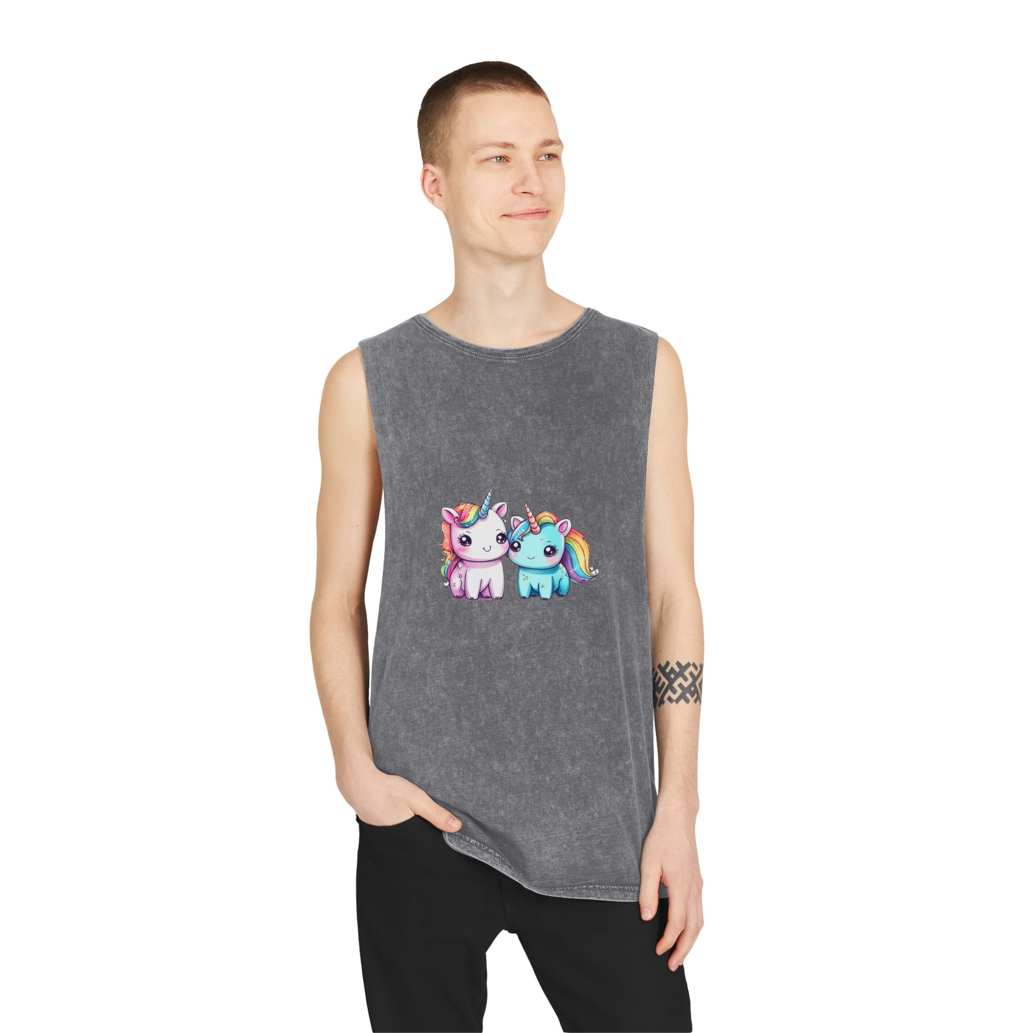 Pair Adorable Light Blue Pink Unicorns Isolated Rainbow Colors Background Unisex Stonewash Tank Top - Image 11