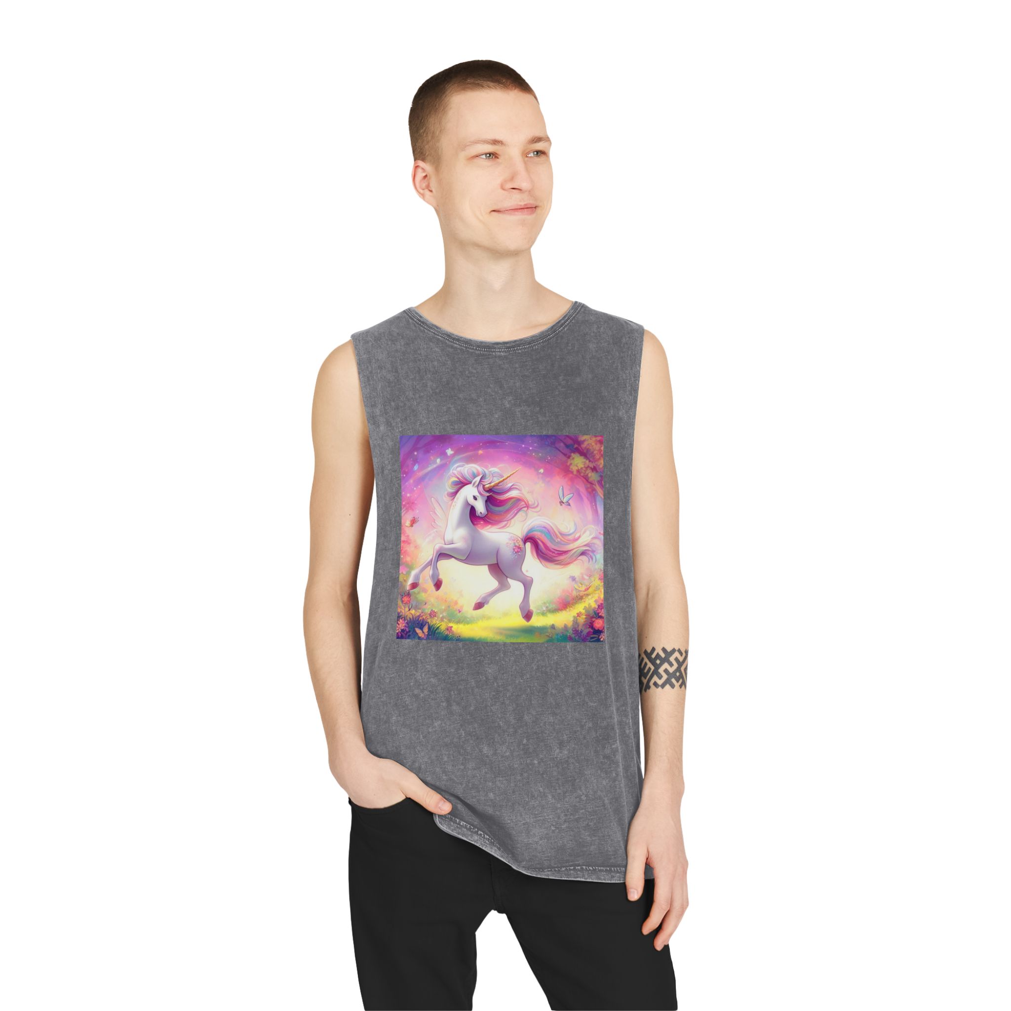 Beautiful Unicorn Running Magical Meadow Unicorn Background Images Whimsical Unicorn (2) Unisex Stonewash Tank Top - Image 11