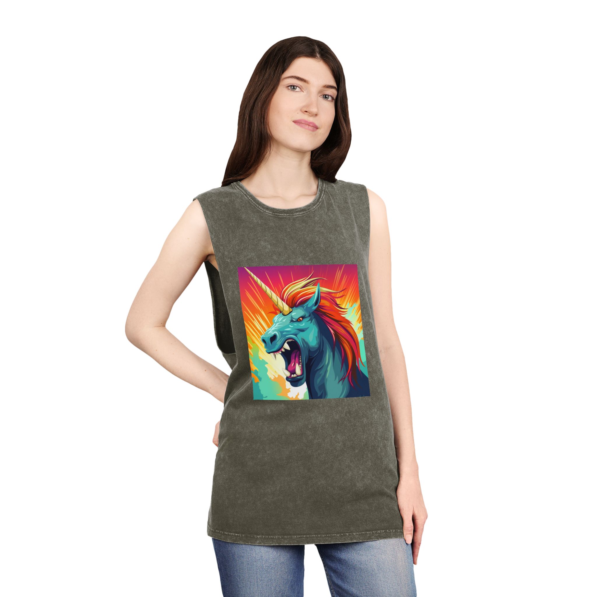 Illustration Unicorn With Colorful Mane Yellow Horn Generative Ai Unisex Stonewash Tank Top - Image 8