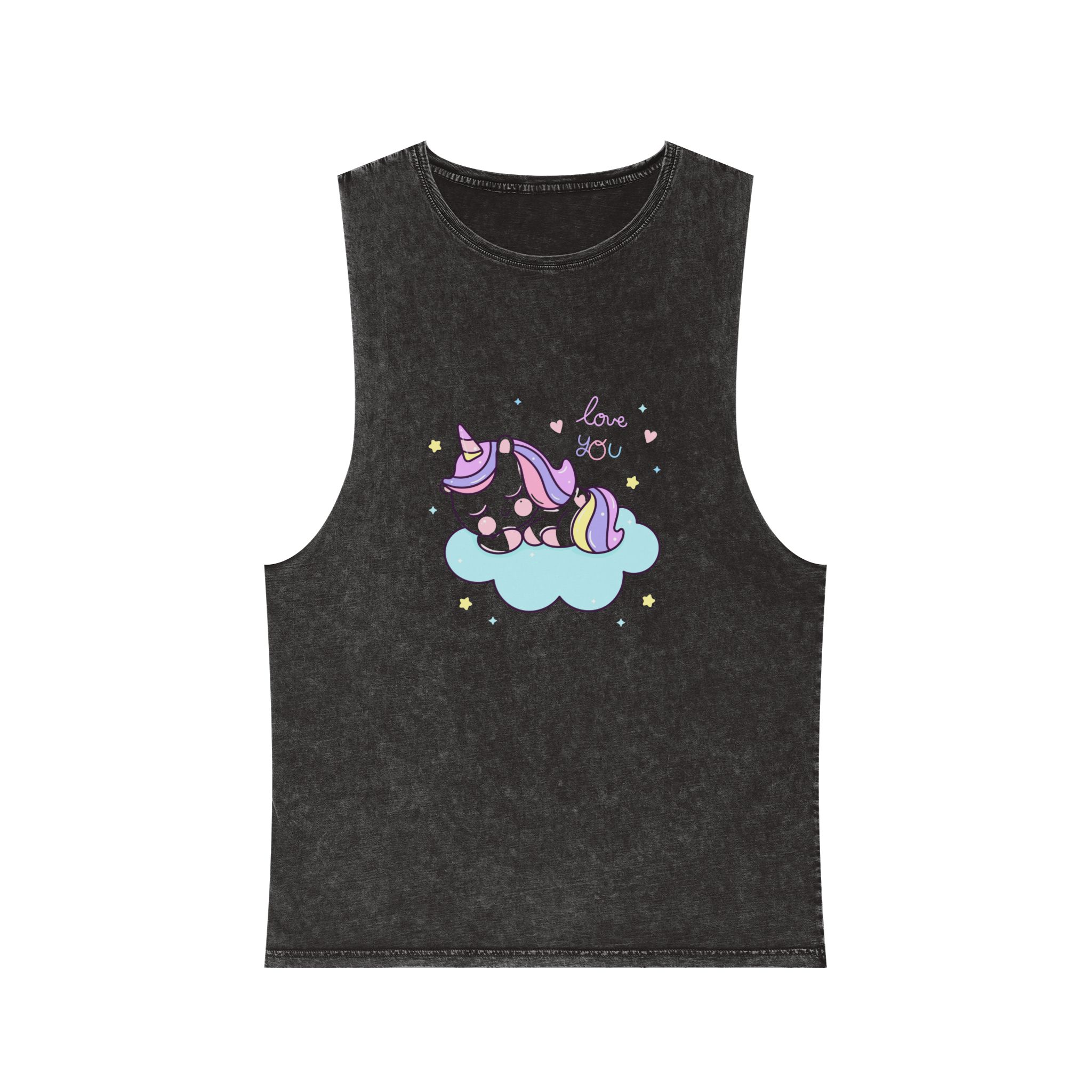 Cute Unicorn Sleep Cartoon Cloud Sweet Dream Kawaii Hand Drawn Unisex Stonewash Tank Top