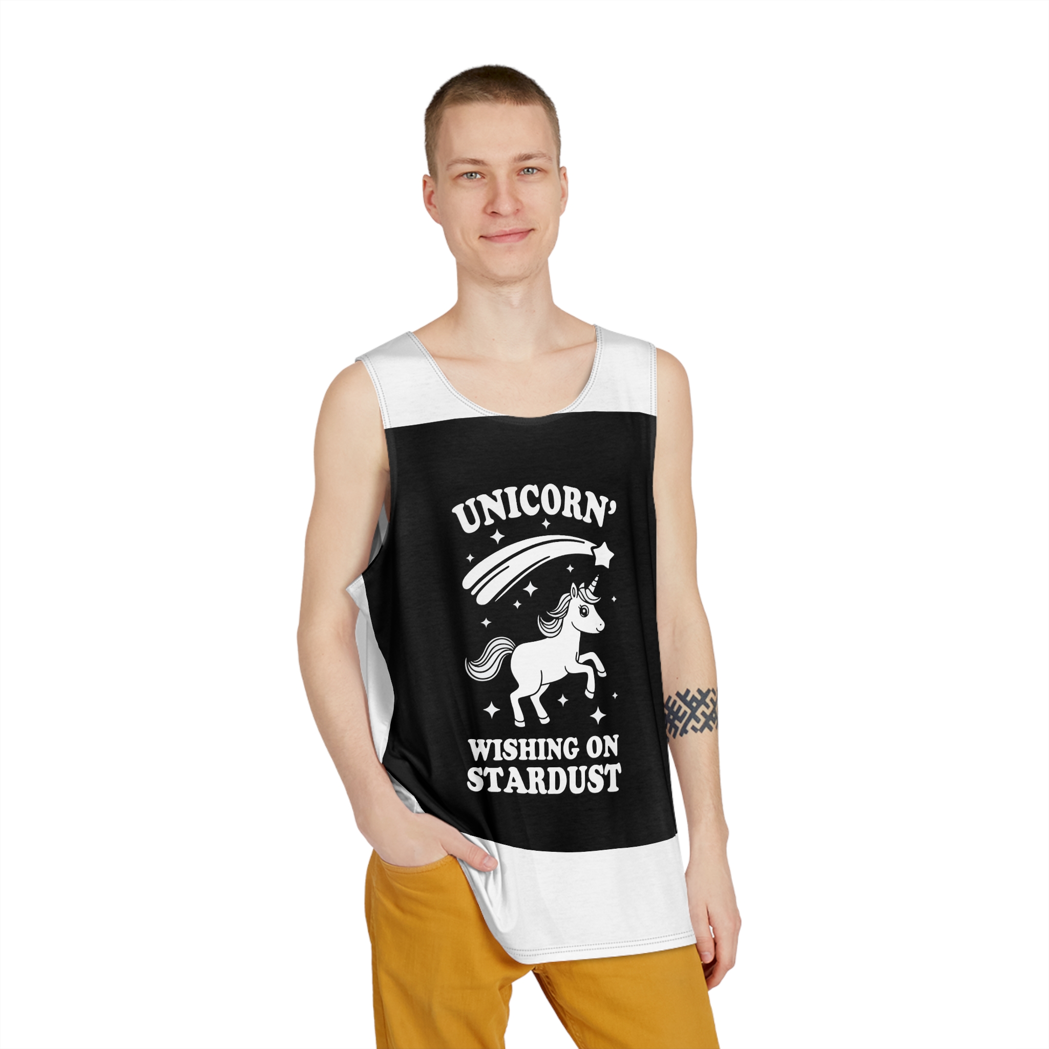 White Unicorn With Star It Is Black Background Mens Tank Aop - Image 3
