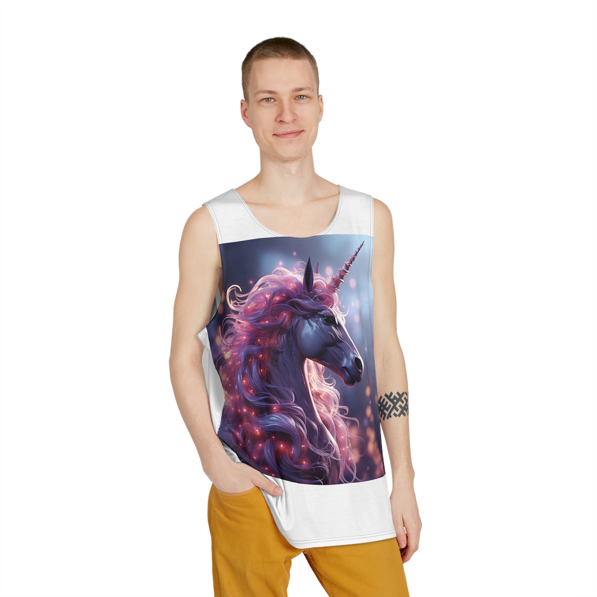 Pink 3d Mythical Unicorn With Lights Mane Mens Tank Aop - Image 3