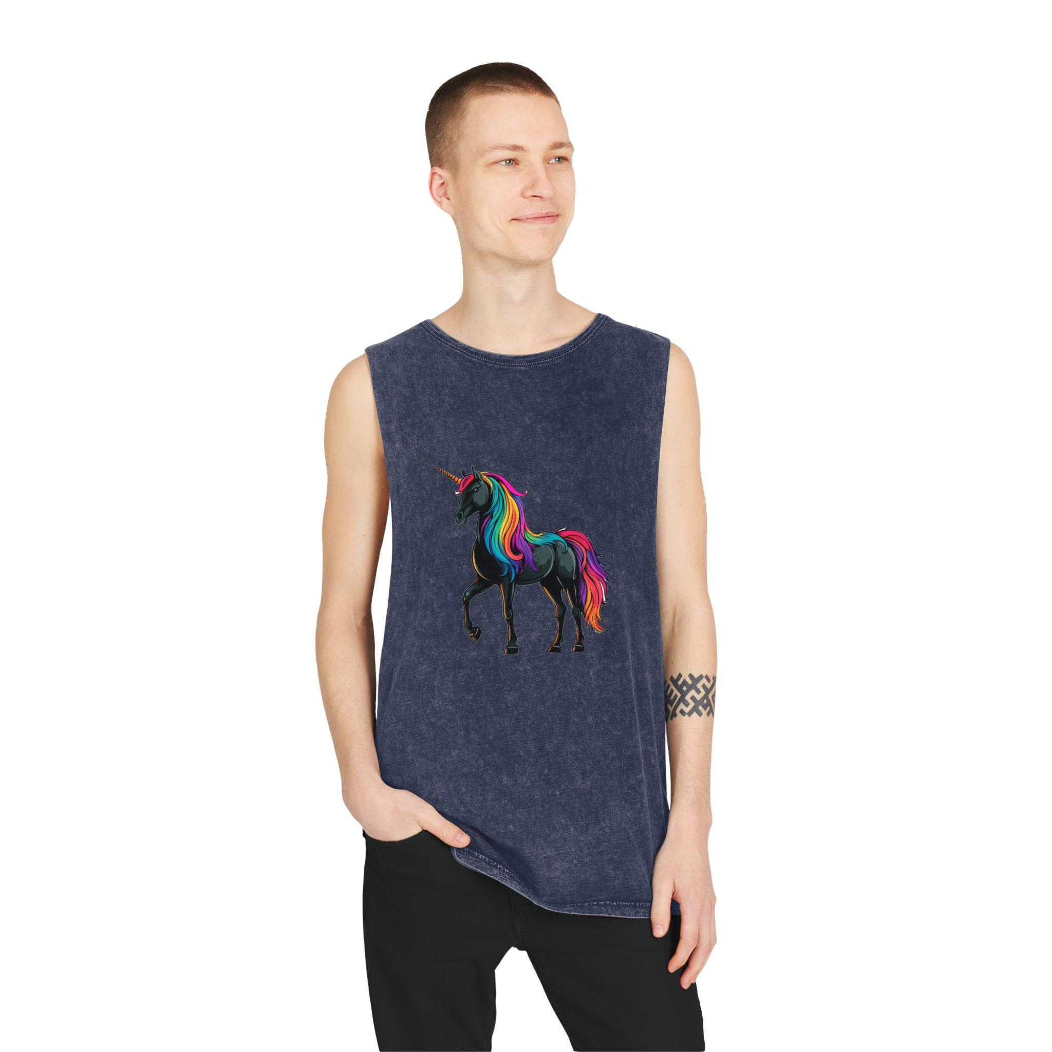 Cartoon Unicorn With Rainbow Mane Horn Generative Ai Unisex Stonewash Tank Top - Image 15