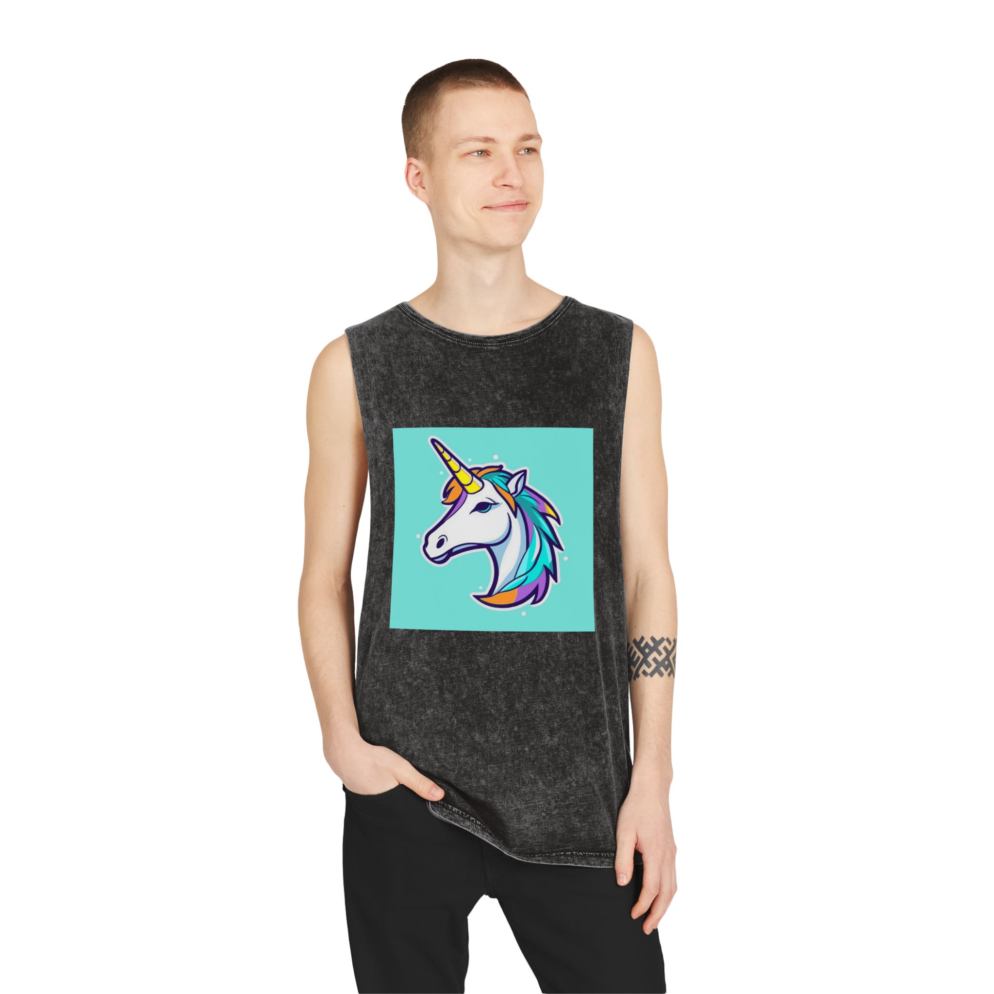 Cartoon Unicorn Head Vector With Maximum 16 Colors I 3 Unisex Stonewash Tank Top - Image 3
