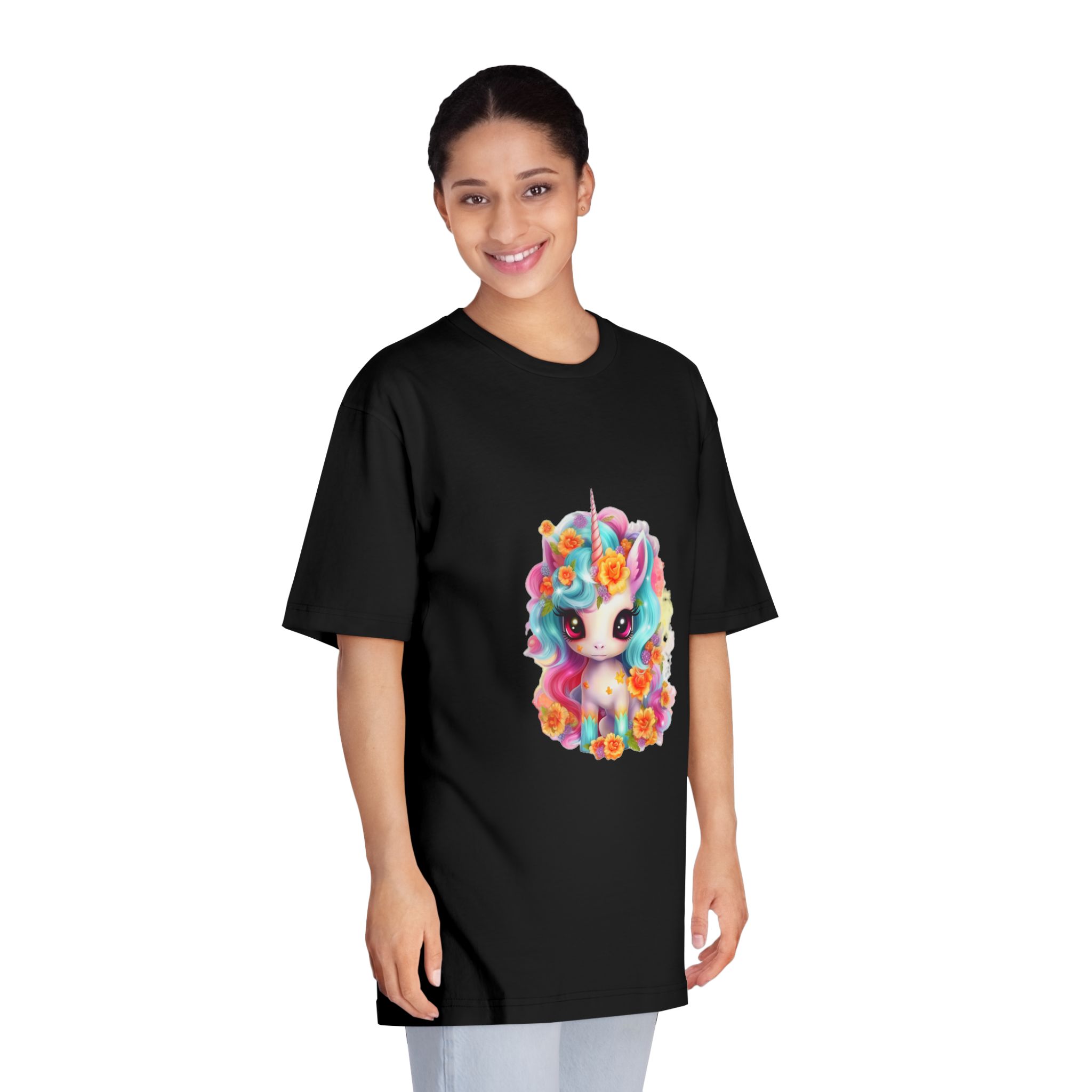 Illustration Unicorn Cartoon With Flower White Background Generative Ai (2) Unisex Classic Crewneck T Shirt - Image 7