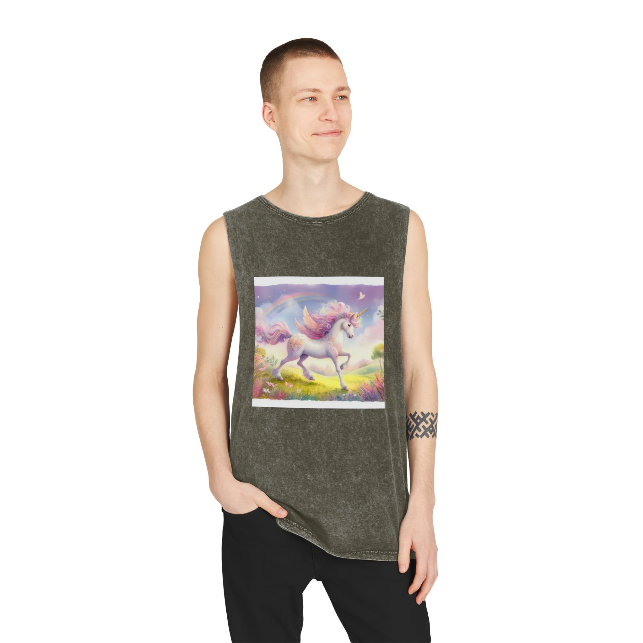 Beautiful Unicorn Running Magical Meadow Unicorn Background Images Whimsical Unicorn (10) Unisex Stonewash Tank Top - Image 7