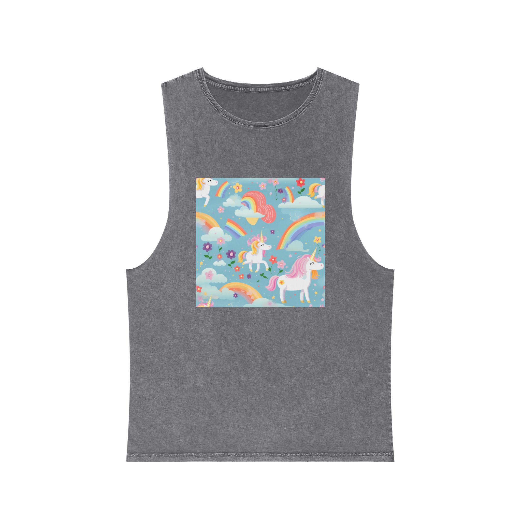Playful Unicorns Among Flowers Clouds Rainbows Ice Creams Pastel Background (9) Unisex Stonewash Tank Top - Image 9